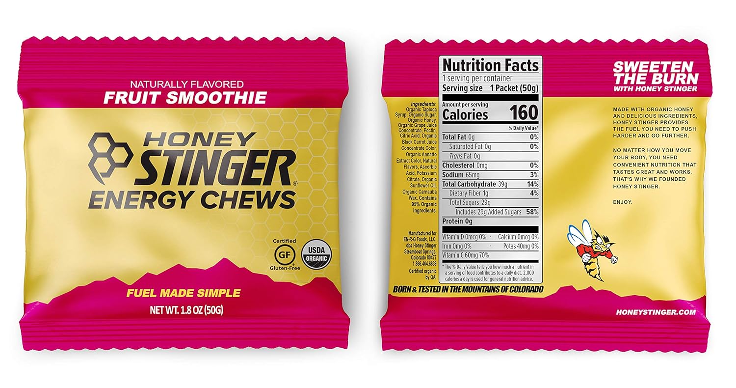 Organic Energy Chews Variety Pack - 8 Count with Sticker - Chewy Gummy Energy Source for Any Activity - Pink Lemonade, Fruit Smoothie, Pomegranate Passionfruit, Cherry Blossom - by Honey Stinger
