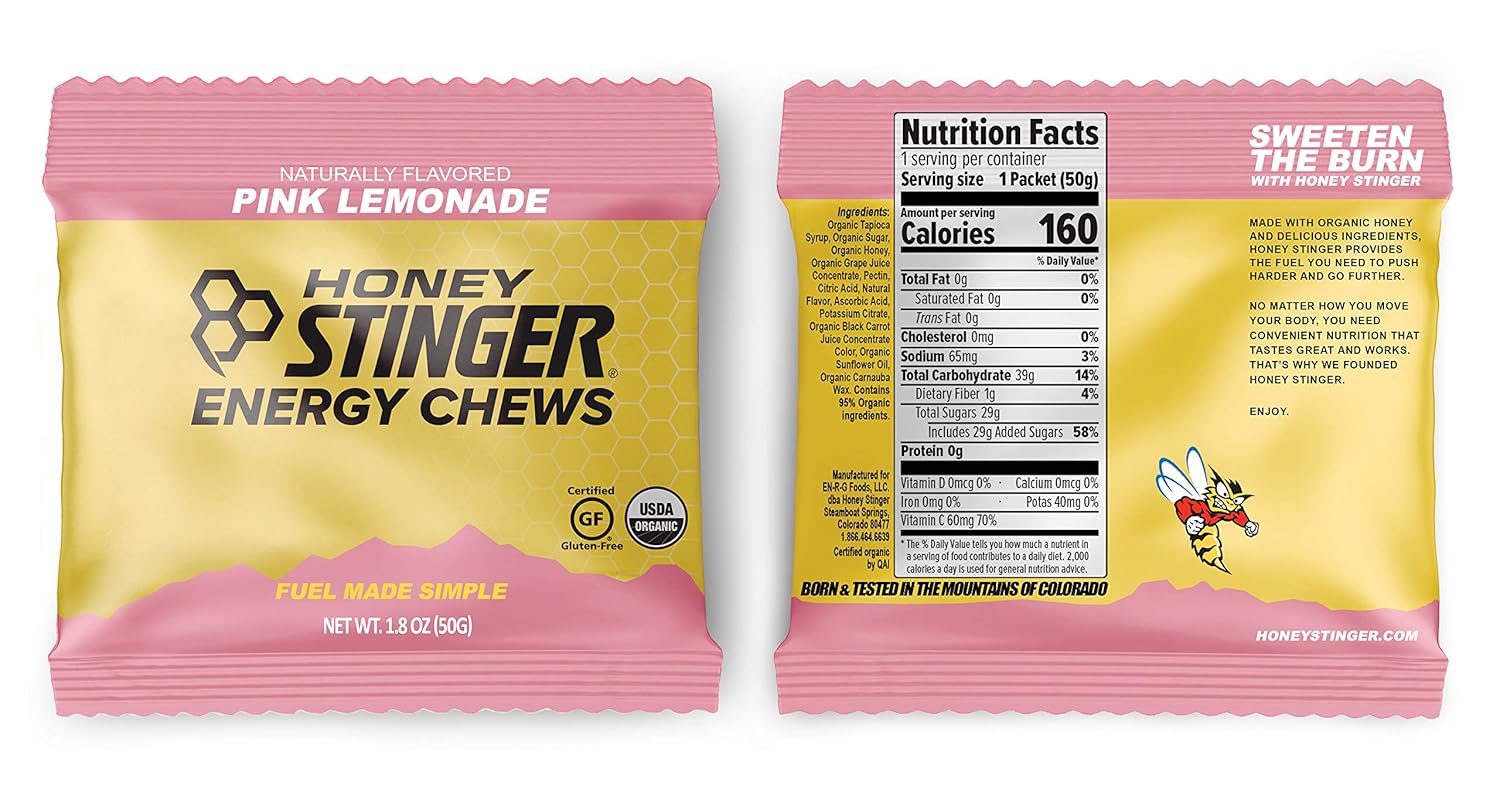 Organic Energy Chews Variety Pack - 8 Count with Sticker - Chewy Gummy Energy Source for Any Activity - Pink Lemonade, Fruit Smoothie, Pomegranate Passionfruit, Cherry Blossom - by Honey Stinger