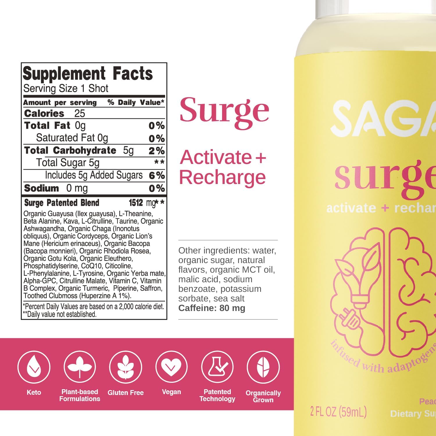 Organic Energy Shots with Nootropics, Mushrooms, CoQ10 & Ashwagandha | High Bioavailability, Fast Onset | Enhances Endurance & Performance | Peach Mango 2oz Shots (6-Pack)