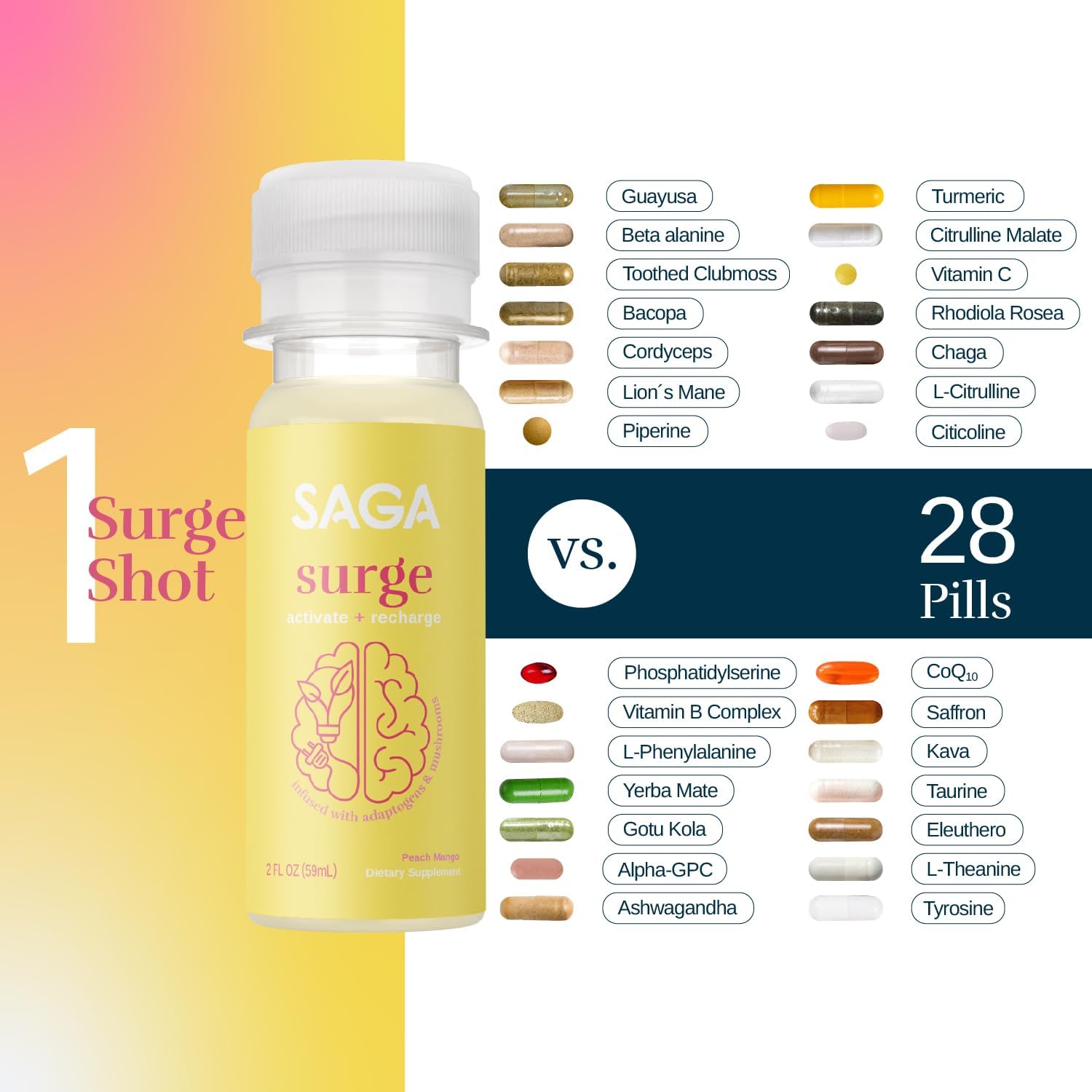 Organic Energy Shots with Nootropics, Mushrooms, CoQ10 & Ashwagandha | High Bioavailability, Fast Onset | Enhances Endurance & Performance | Peach Mango 2oz Shots (6-Pack)