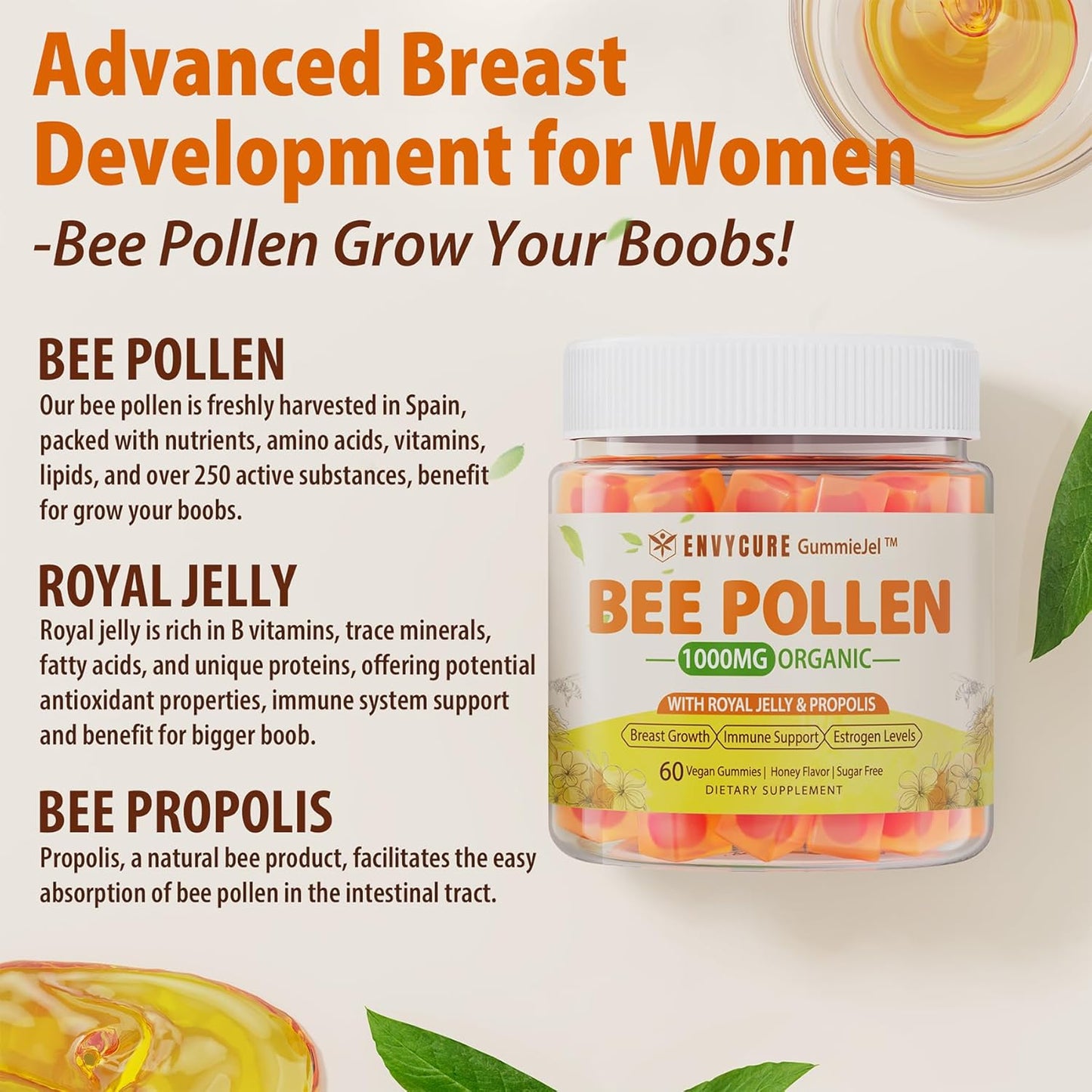 Organic envycure Bee Pollen Gummies with Propolis and Royal Jelly - Vitamin B-Rich, Antioxidant-Packed Supplement (1 Pack)