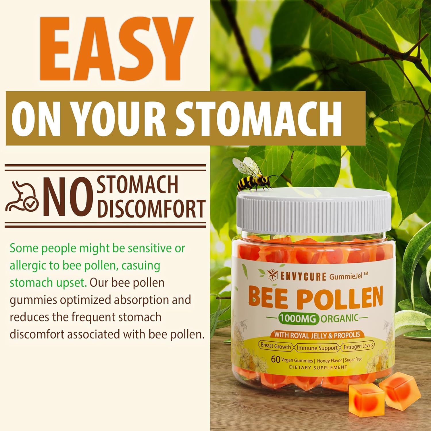 Organic envycure Bee Pollen Gummies with Propolis and Royal Jelly - Vitamin B-Rich, Antioxidant-Packed Supplement (1 Pack)