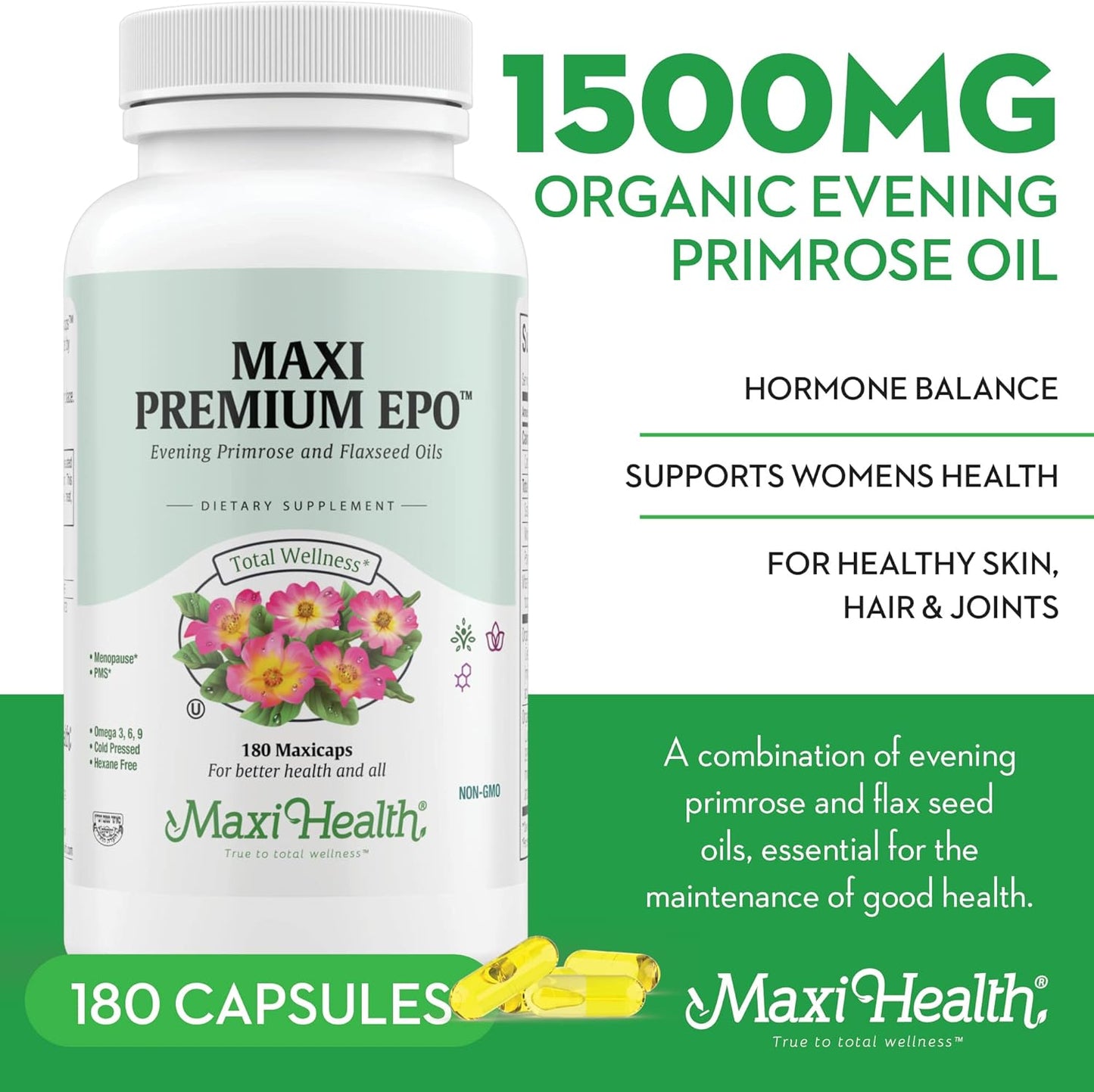 Organic Evening Primrose and Flax Seeds Oil Softgels - Vegan Omega 3 6 9 Supplements for Healthy Skin, Hair, and Joints - Kosher Certified, 180 Count