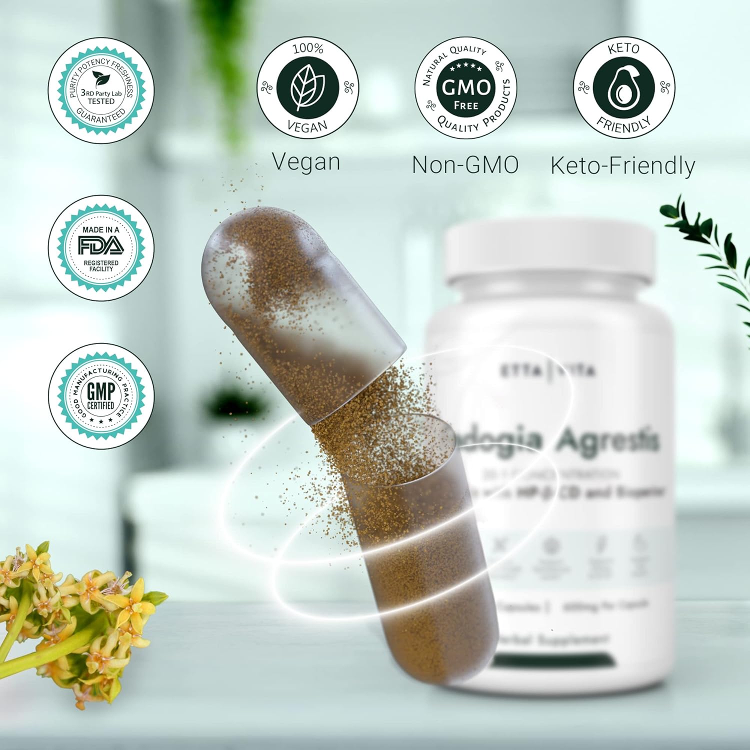 Organic Fadogia Agrestis 600mg Supplement for Natural Test Support - Athlete Approved & Enhanced Absorption - Promotes Muscle Growth, Recovery, Energy, Stamina, and Mood - 60ct