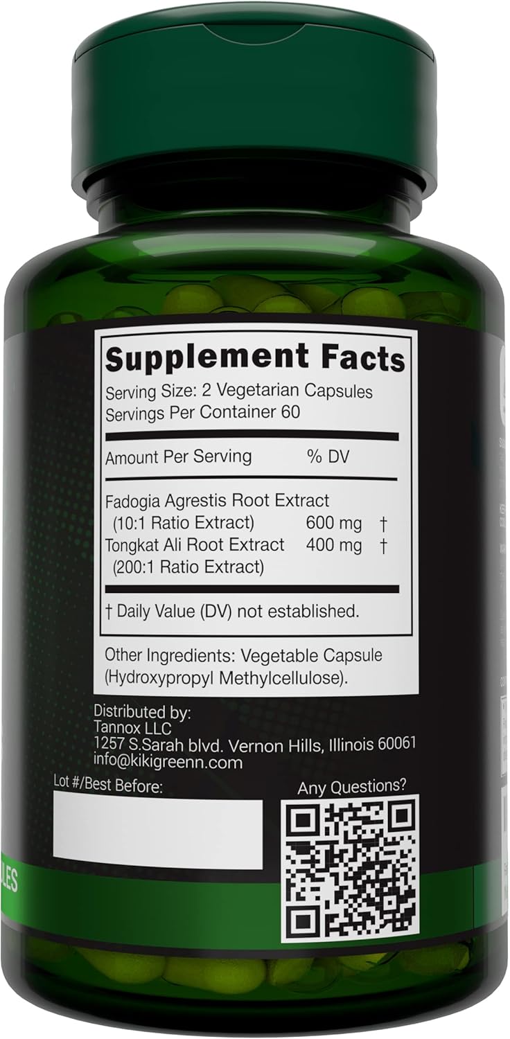 Organic Fadogia Agrestis and Tongkat Ali Supplement - 1000mg Per Serving - 120 Vegan Capsules for Daily Energy Boost