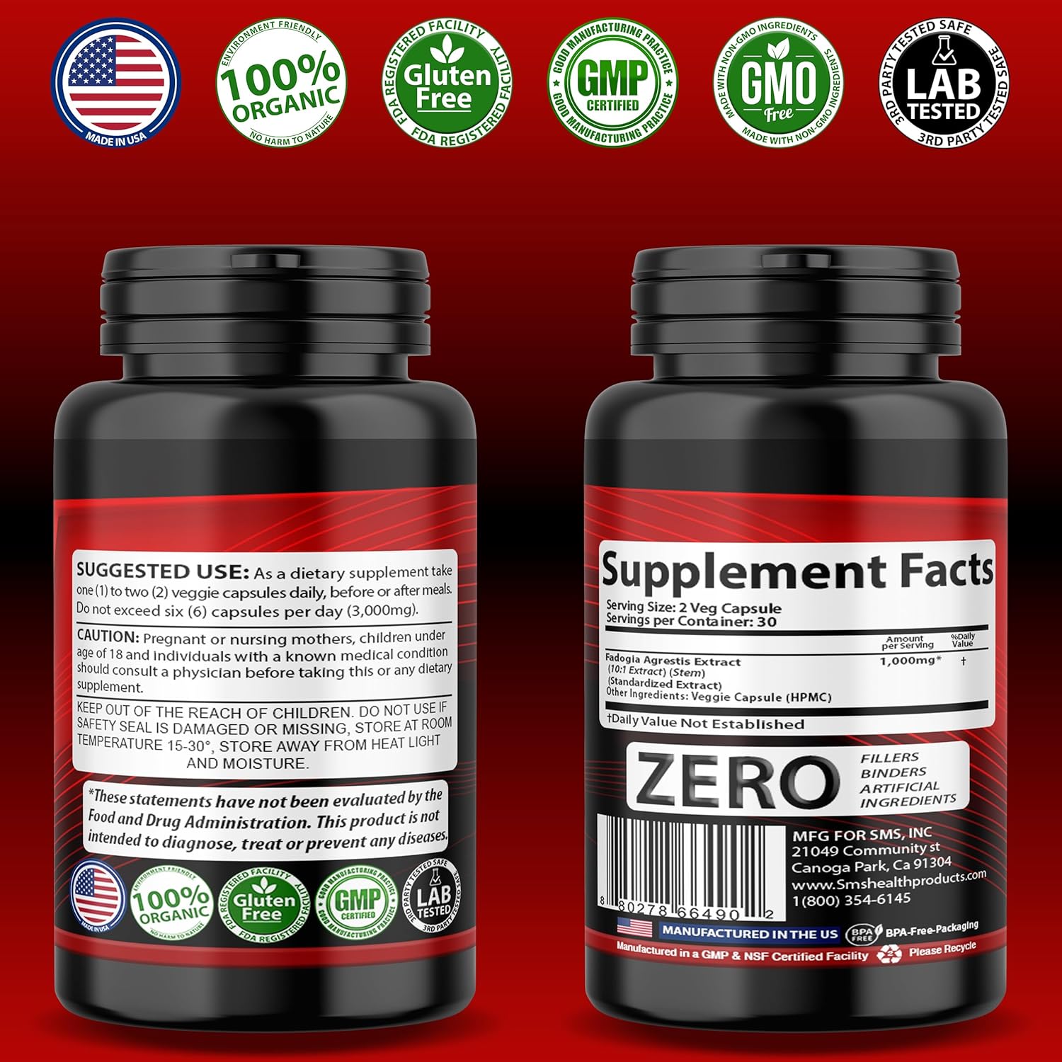 Organic Fadogia Agrestis Extract Pills (1,000mg) for Athletic Performance | Gluten Free Supplement with Maximum Strength - 60 Veggie Caps