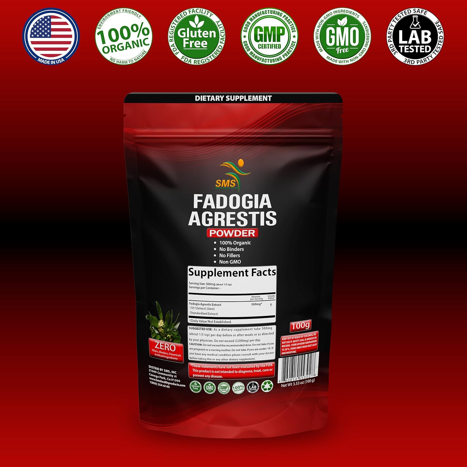 Organic Fadogia Agrestis Extract Powder - Boosts Athletic Performance & Drive - Max Strength - Gluten Free - 100g
