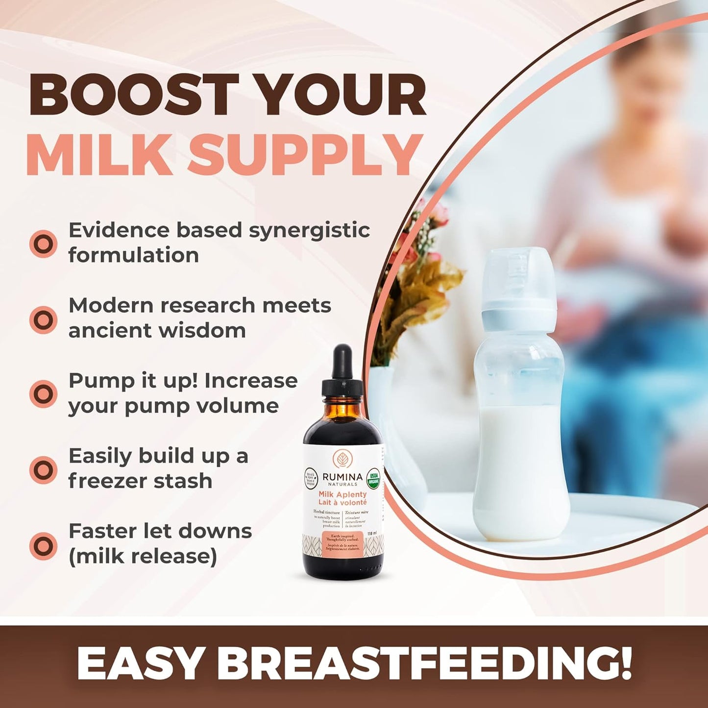 Organic Fenugreek-Free Lactation Supplement for Breastfeeding - 4 Oz Vegan Milk Supply Booster by Rumina Naturals