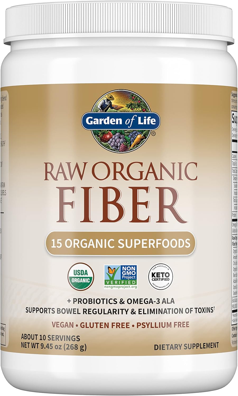 Organic Fiber Powder with Probiotics & Omega-3 ALA - 10 Servings, 15 Superfoods - Psyllium Free Fibers for Regularity