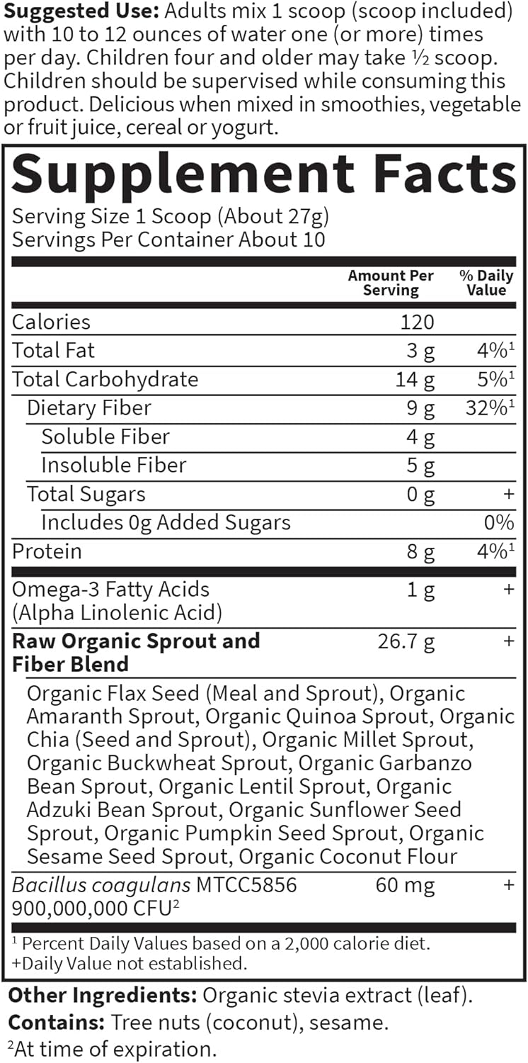Organic Fiber Powder with Probiotics & Omega-3 ALA - 10 Servings, 15 Superfoods - Psyllium Free Fibers for Regularity