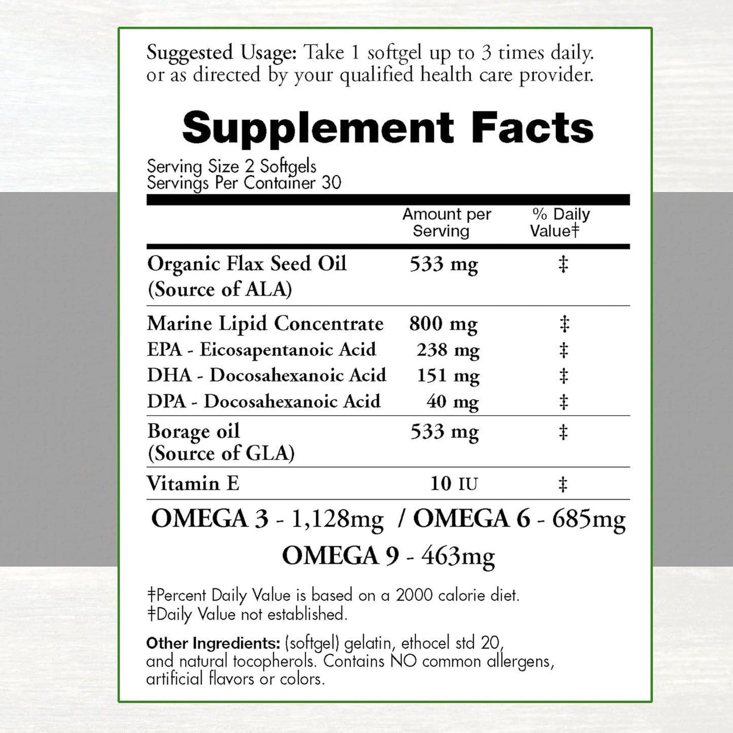 Organic Flax Seed Oil & Fish Oil Blend with Omega 3-6-9 - 2,800mg Strength - Gluten Free - Made in USA - 60 SoftGels