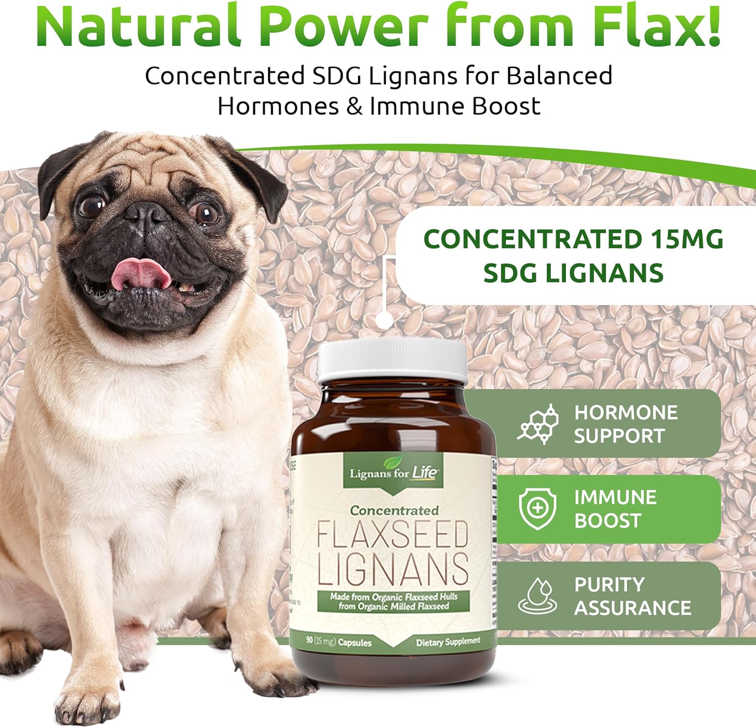 Organic Flaxseed Lignans Capsules for Dogs & Women - 15mg Supplement for Hormone Support, High-Fiber Formula