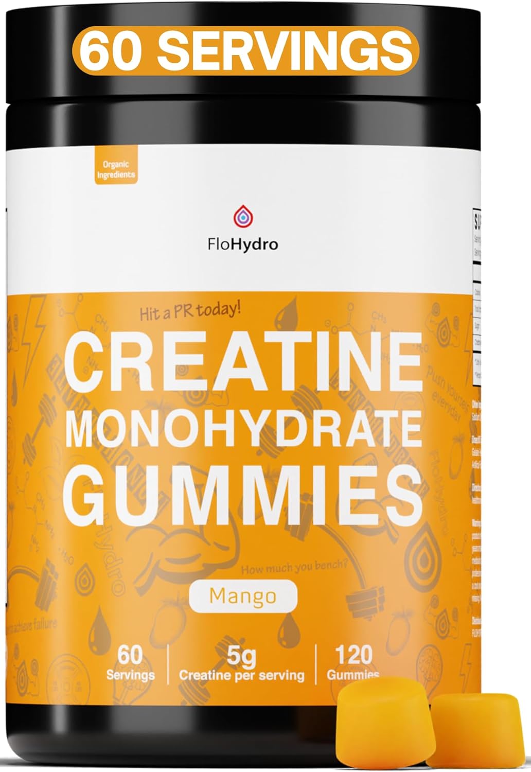 Organic FloHydro Creatine Gummies | 60 Servings | 5g Creatine per Serving | 120 Gummies with Zero Sugar | All-Natural