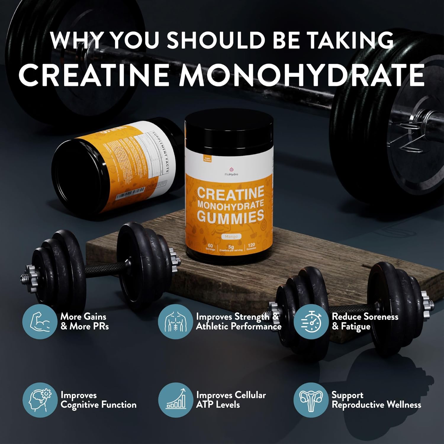 Organic FloHydro Creatine Gummies | 60 Servings | 5g Creatine per Serving | 120 Gummies with Zero Sugar | All-Natural