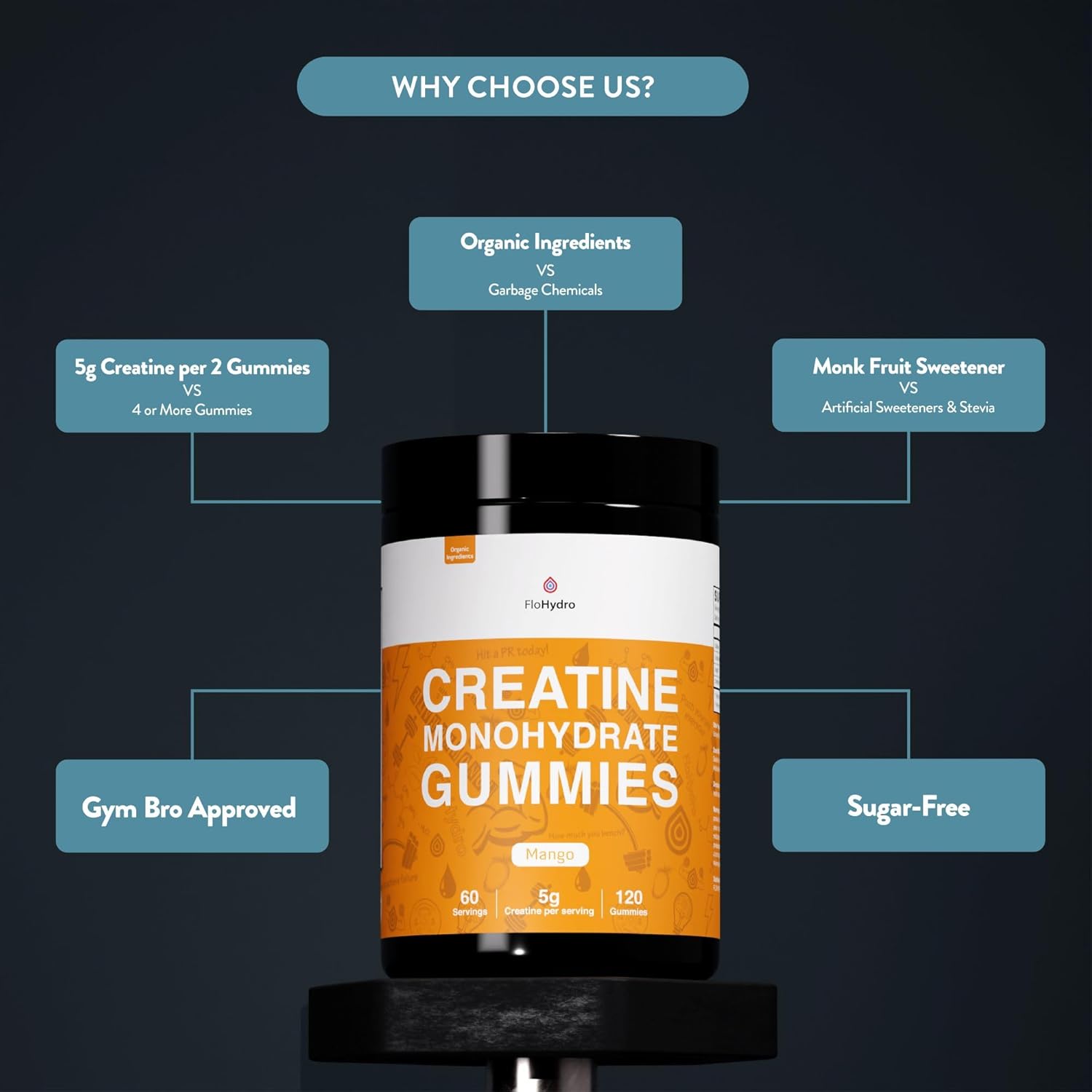 Organic FloHydro Creatine Gummies | 60 Servings | 5g Creatine per Serving | 120 Gummies with Zero Sugar | All-Natural