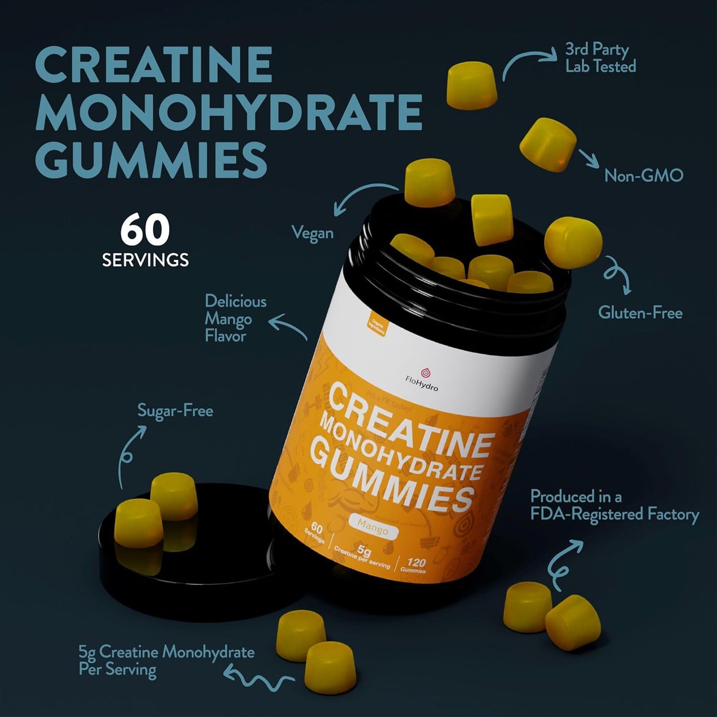 Organic FloHydro Creatine Gummies | 60 Servings | 5g Creatine per Serving | 120 Gummies with Zero Sugar | All-Natural