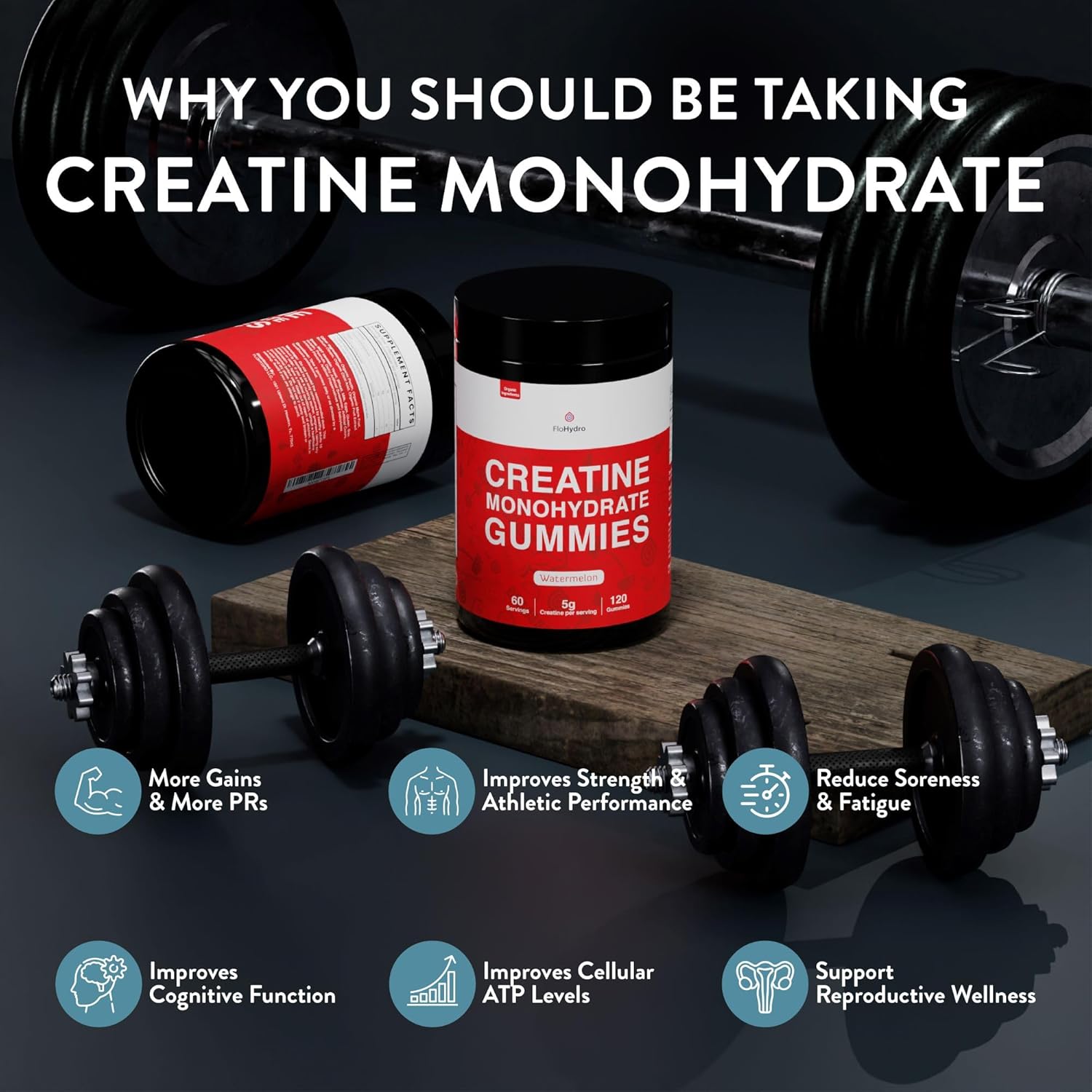 Organic FloHydro Creatine Monohydrate Gummies - 60 Servings, 5g per Serving, Zero Sugar - 120 Gummies