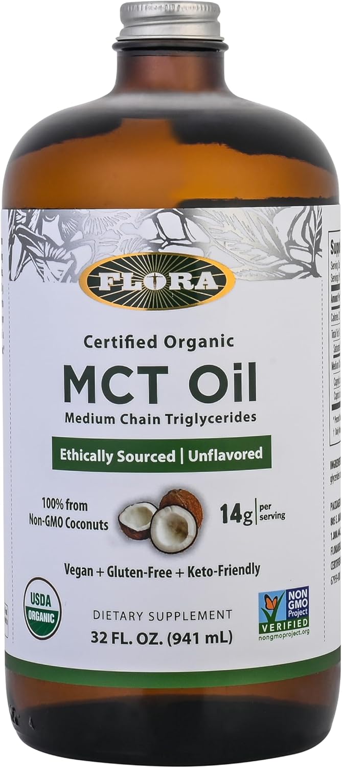 Organic Flora Health MCT Oil - Brain Fuel Boost - C8 & C10 Acids - Keto, Kosher, Non-GMO - 100% Ethically Sourced - 32 Fl Oz