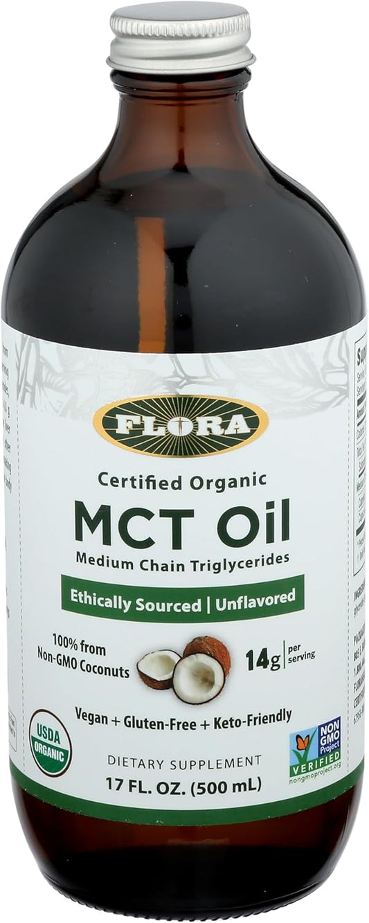 Organic Flora Health MCT Oil with C8 & C10 Acids, Keto Friendly, Non-GMO, Ethically Sourced Coconut Oil - 17 Fl Oz