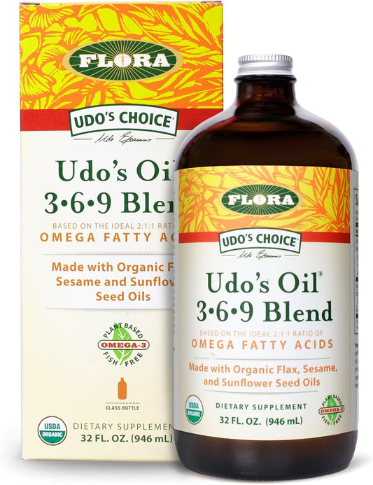 Organic Flora Health UDO’s Oil Omega 3-6-9 Supplement 32 Oz | Plant-Based Vegan Alternative | Flaxseed, Coconut, Evening Primrose Blend