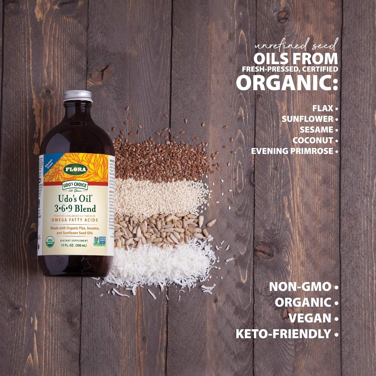 Organic Flora Health UDO’s Oil Omega 3-6-9 Supplement 32 Oz | Plant-Based Vegan Alternative | Flaxseed, Coconut, Evening Primrose Blend