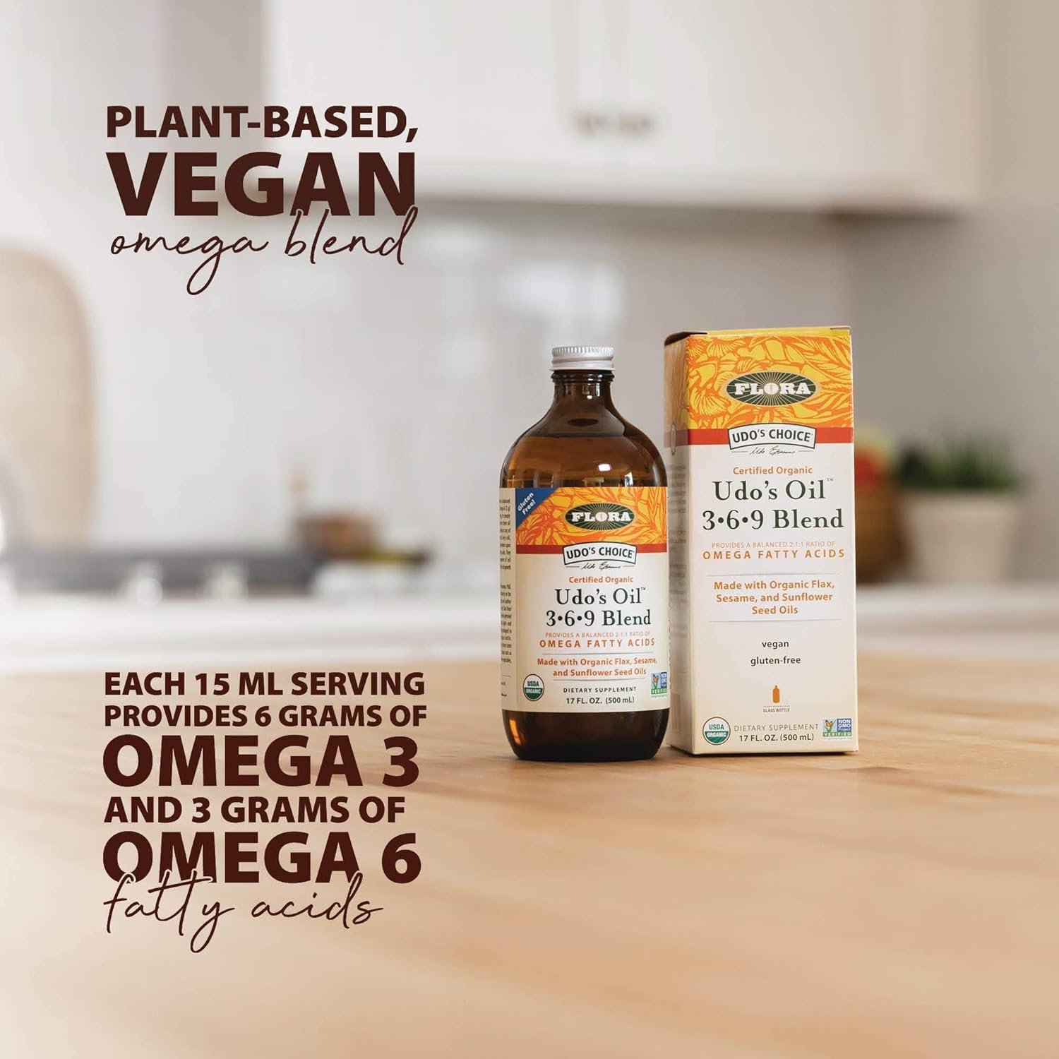 Organic Flora Health UDO’s Oil Omega 3-6-9 Supplement 32 Oz | Plant-Based Vegan Alternative | Flaxseed, Coconut, Evening Primrose Blend