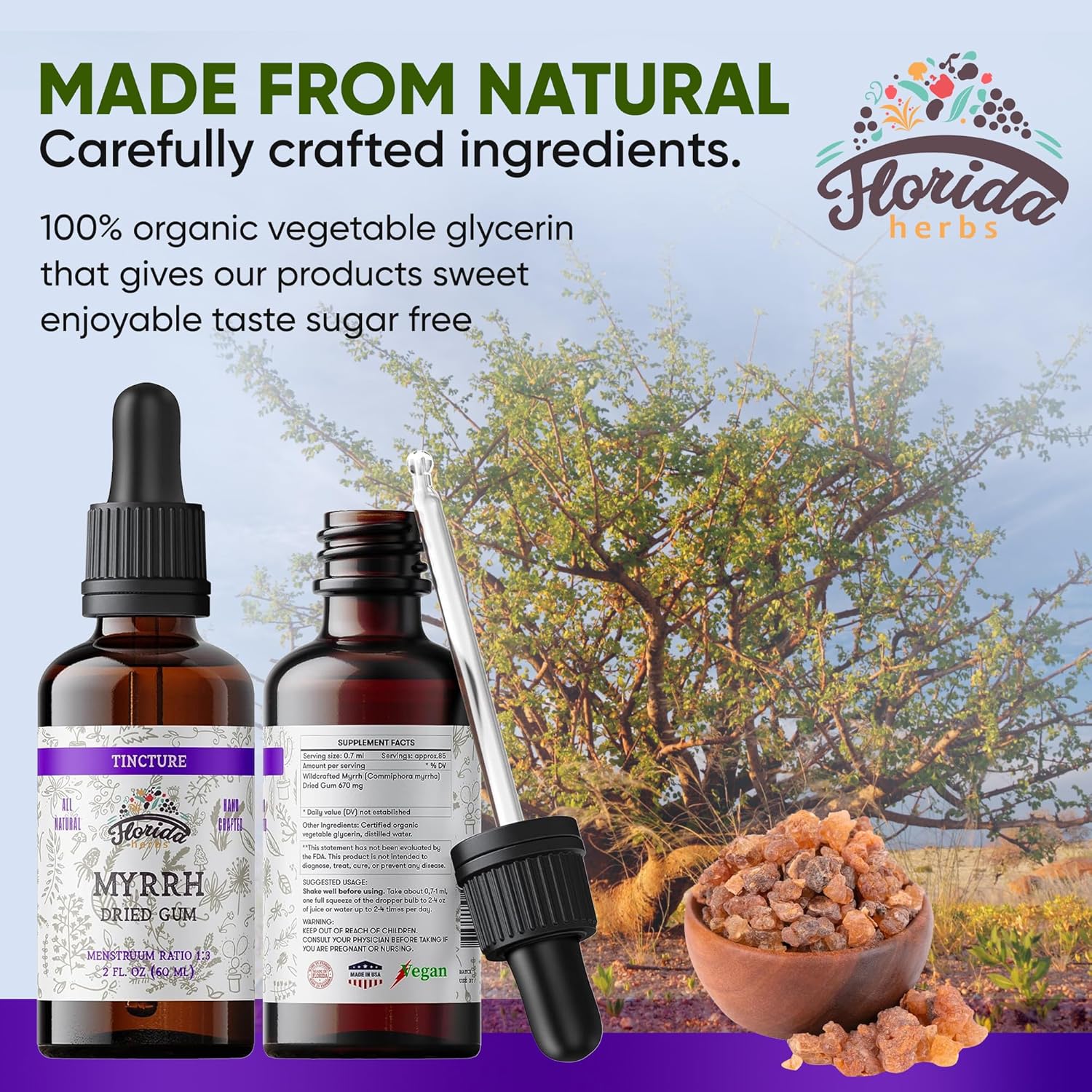 Organic Florida Herbs Myrrh Tincture Extract for Indigestion - Non-GMO 670mg Supplement in Vegetable Glycerin