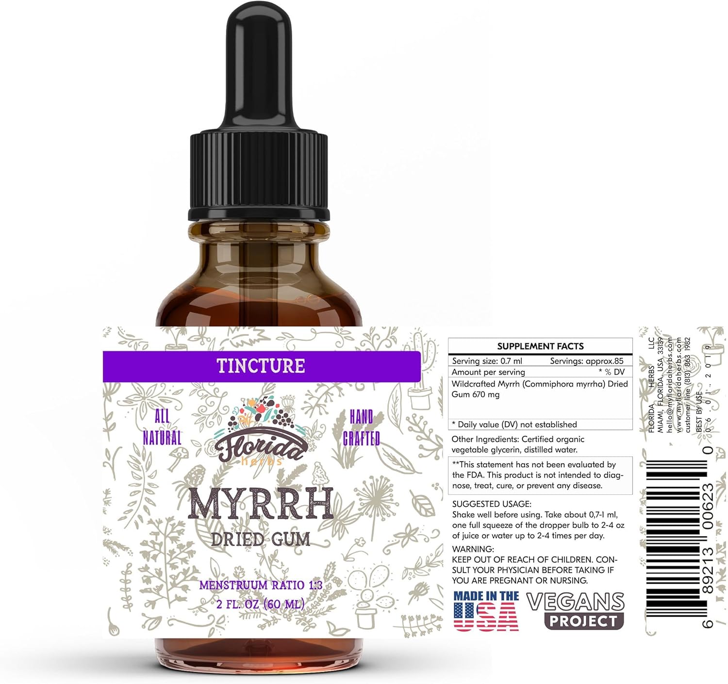 Organic Florida Herbs Myrrh Tincture Extract for Indigestion - Non-GMO 670mg Supplement in Vegetable Glycerin