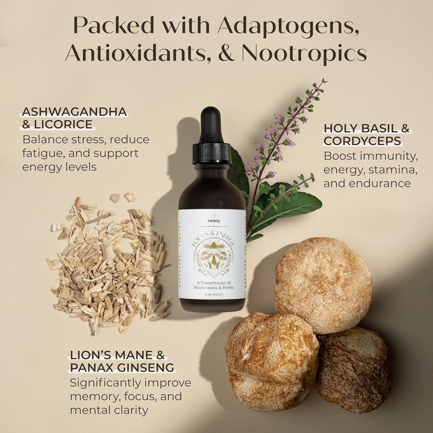 Organic Focus & Energy Mushroom Tincture - Immune Support & Cognitive Boost Supplement with Adaptogenic Mushrooms & Custom Blend