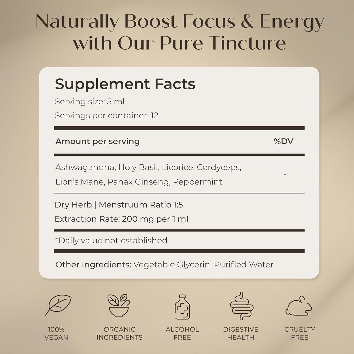 Organic Focus & Energy Mushroom Tincture - Immune Support & Cognitive Boost Supplement with Adaptogenic Mushrooms & Custom Blend