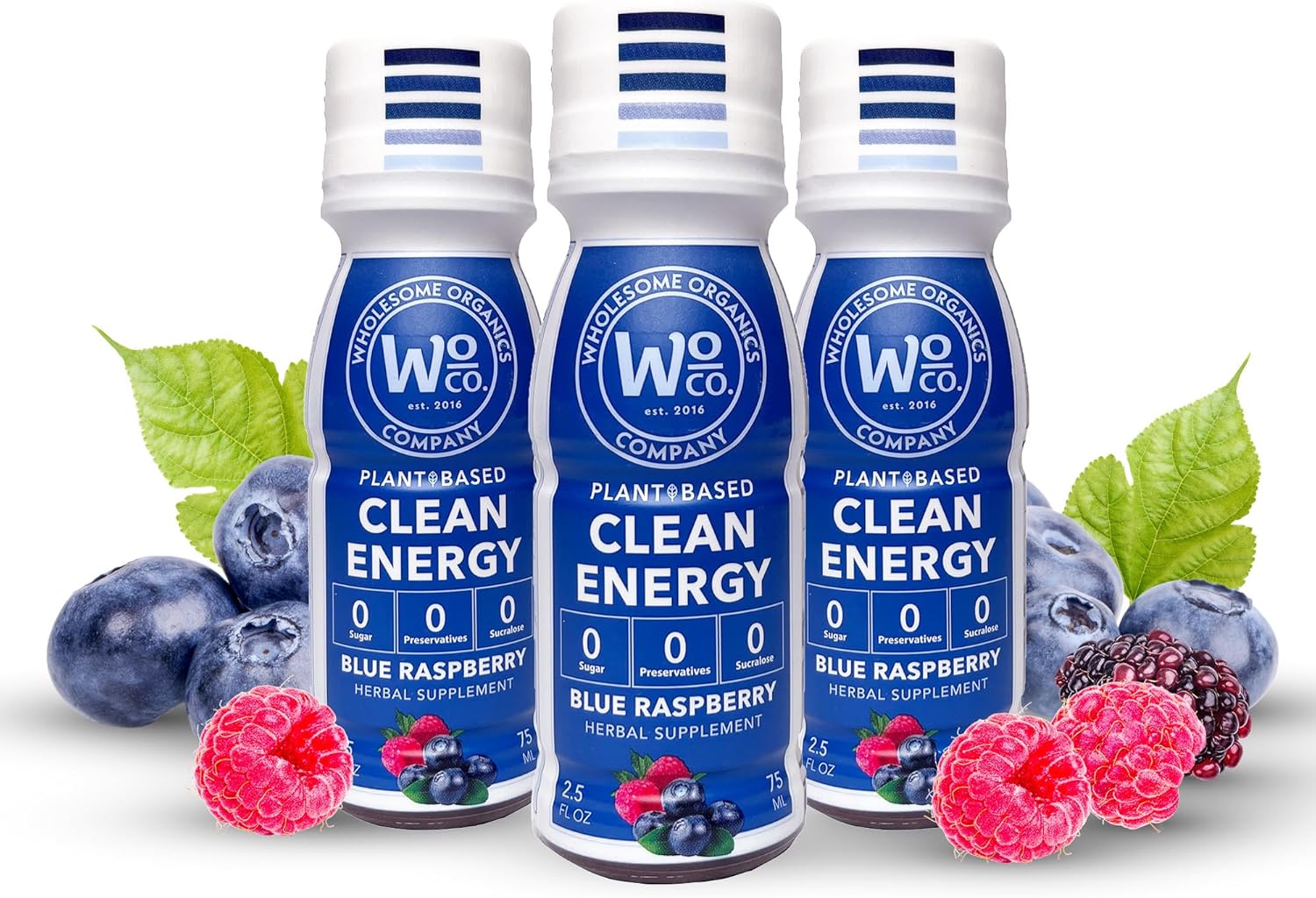 Organic Focus Energy Shot with Ashwagandha & Vitamin B12 - Stress Relief, No Crash, Blue Raspberry Flavor - 3 Pack