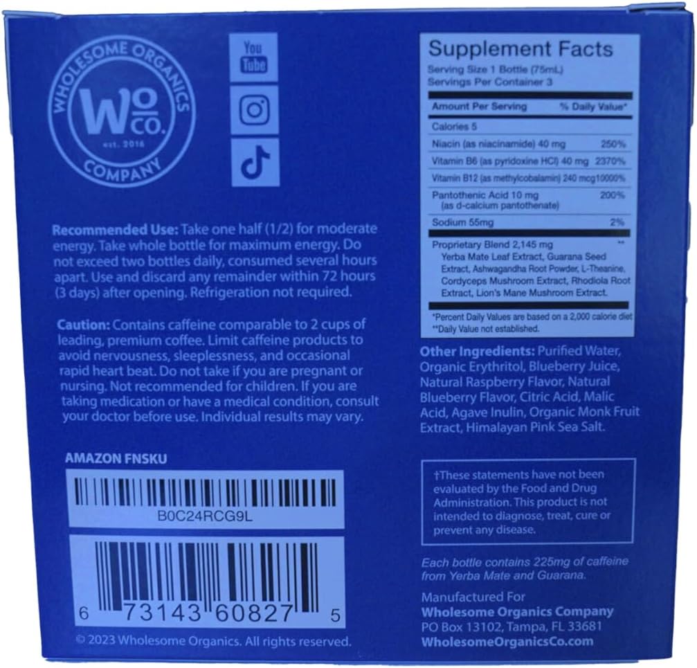 Organic Focus Energy Shot with Ashwagandha & Vitamin B12 - Stress Relief, No Crash, Blue Raspberry Flavor - 3 Pack