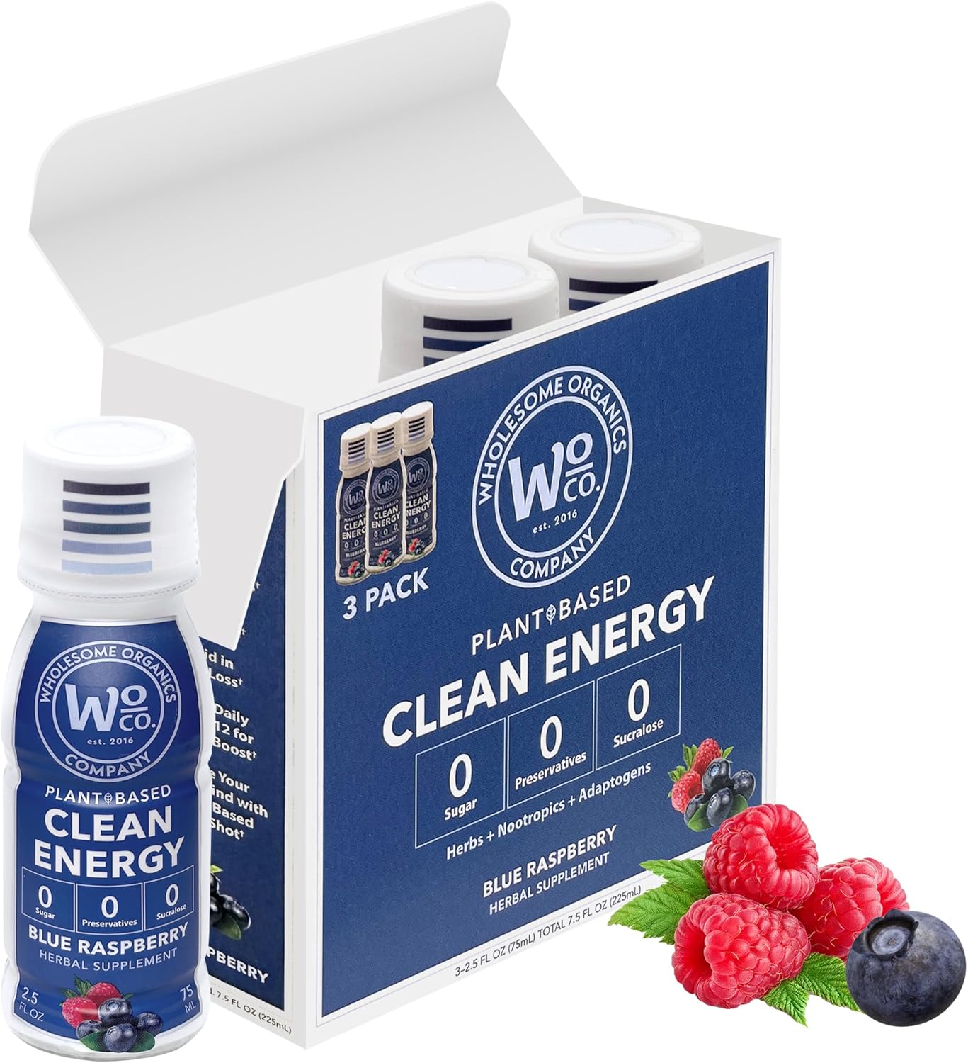 Organic Focus Energy Shot with Ashwagandha & Vitamin B12 - Stress Relief, No Crash, Blue Raspberry Flavor - 3 Pack