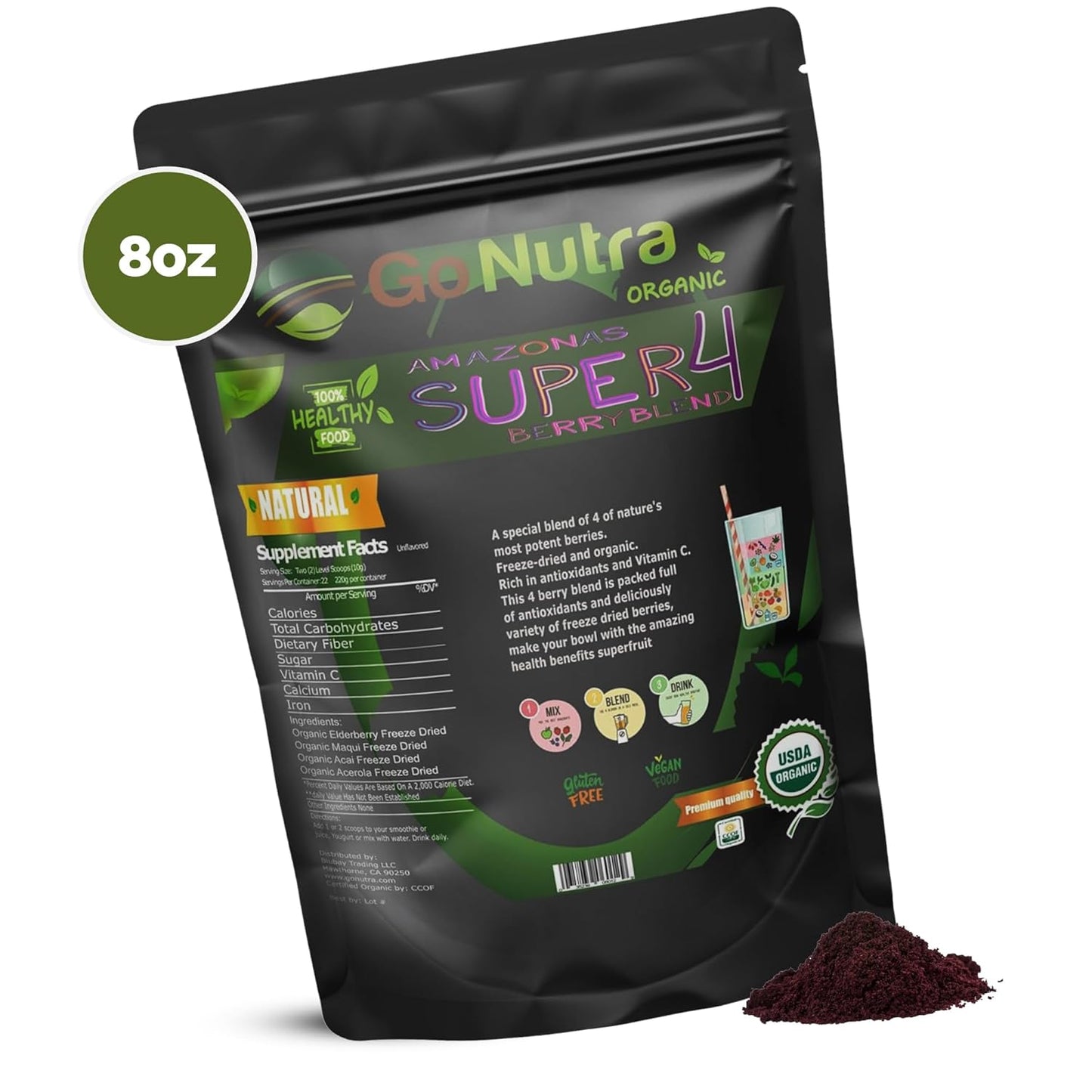 Organic Freeze Dried Acai Berry Blend with 4 Immune Boosting Berries - Superfood Smoothie Mix | Antioxidant Freeze Dried Berries - 15 Servings 8oz
