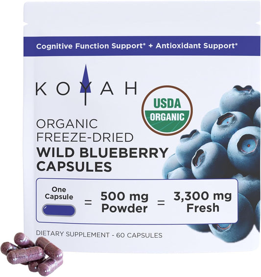 Organic Freeze-Dried Wild Blueberry Capsules - 500mg Powder per Capsule - Cognitive Function & Antioxidant Support - Equivalent to 3,300mg Fresh Blueberries