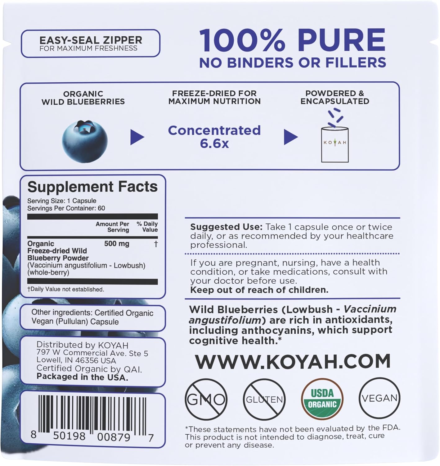 Organic Freeze-Dried Wild Blueberry Capsules - 500mg Powder per Capsule - Cognitive Function & Antioxidant Support - Equivalent to 3,300mg Fresh Blueberries