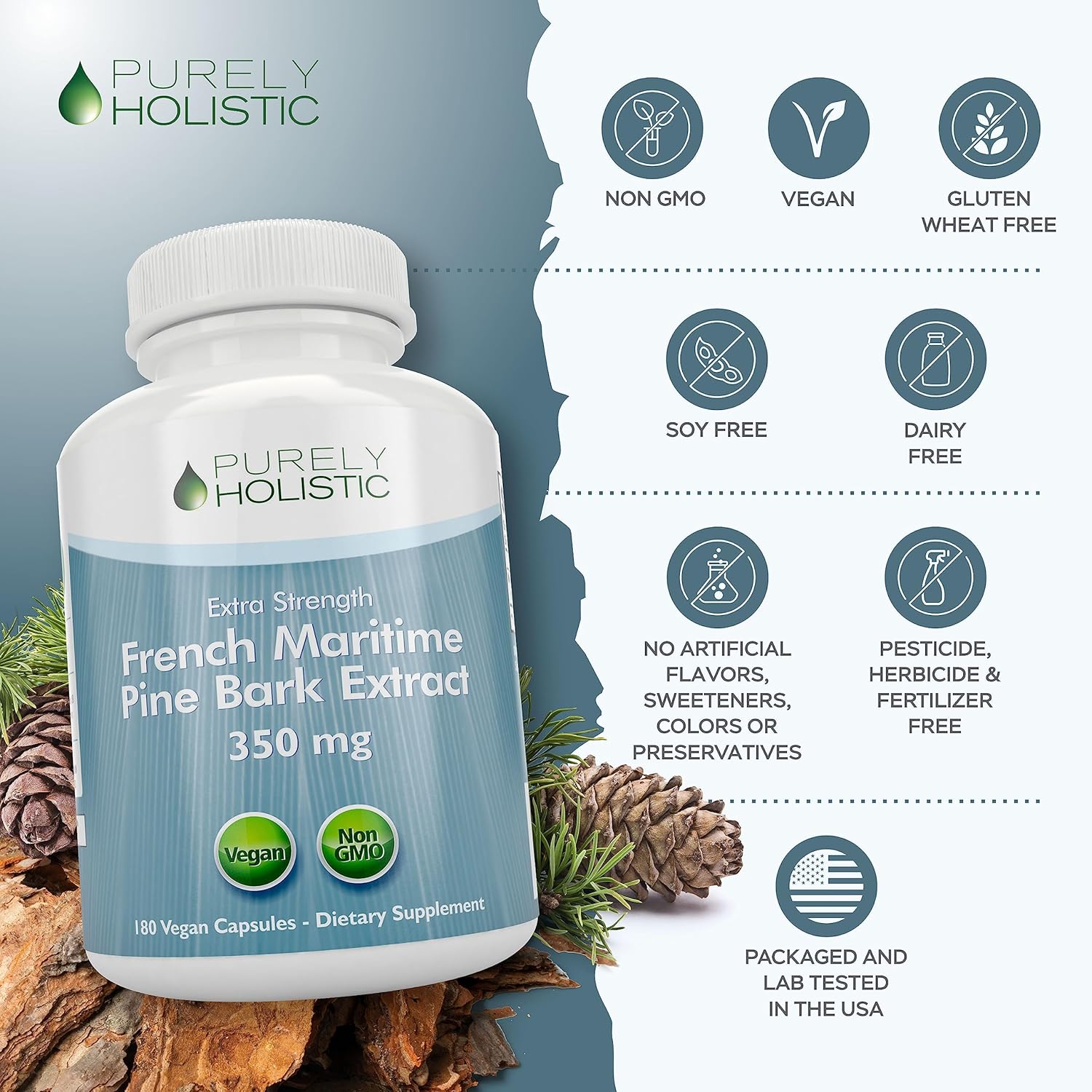 Organic French Maritime Pine Bark Extract Capsules - 350mg 180 Vegan Capsules - High Proanthocyanidins Antioxidant Supplement