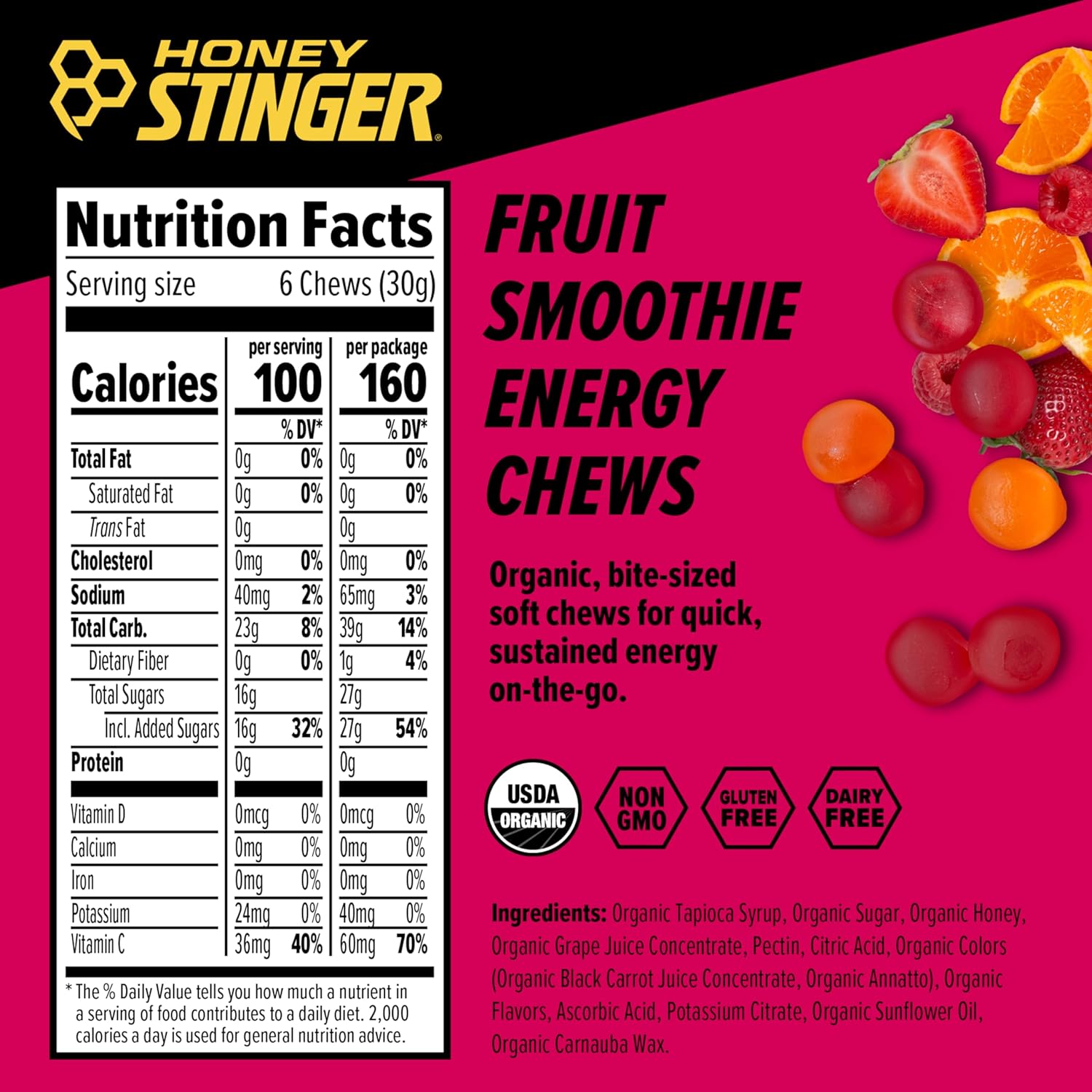 Organic Fruit Smoothie Energy Chews for Exercise & Running | Gluten & Caffeine Free | Sports Nutrition for Home & Gym | 12 Pack, 21.6 oz