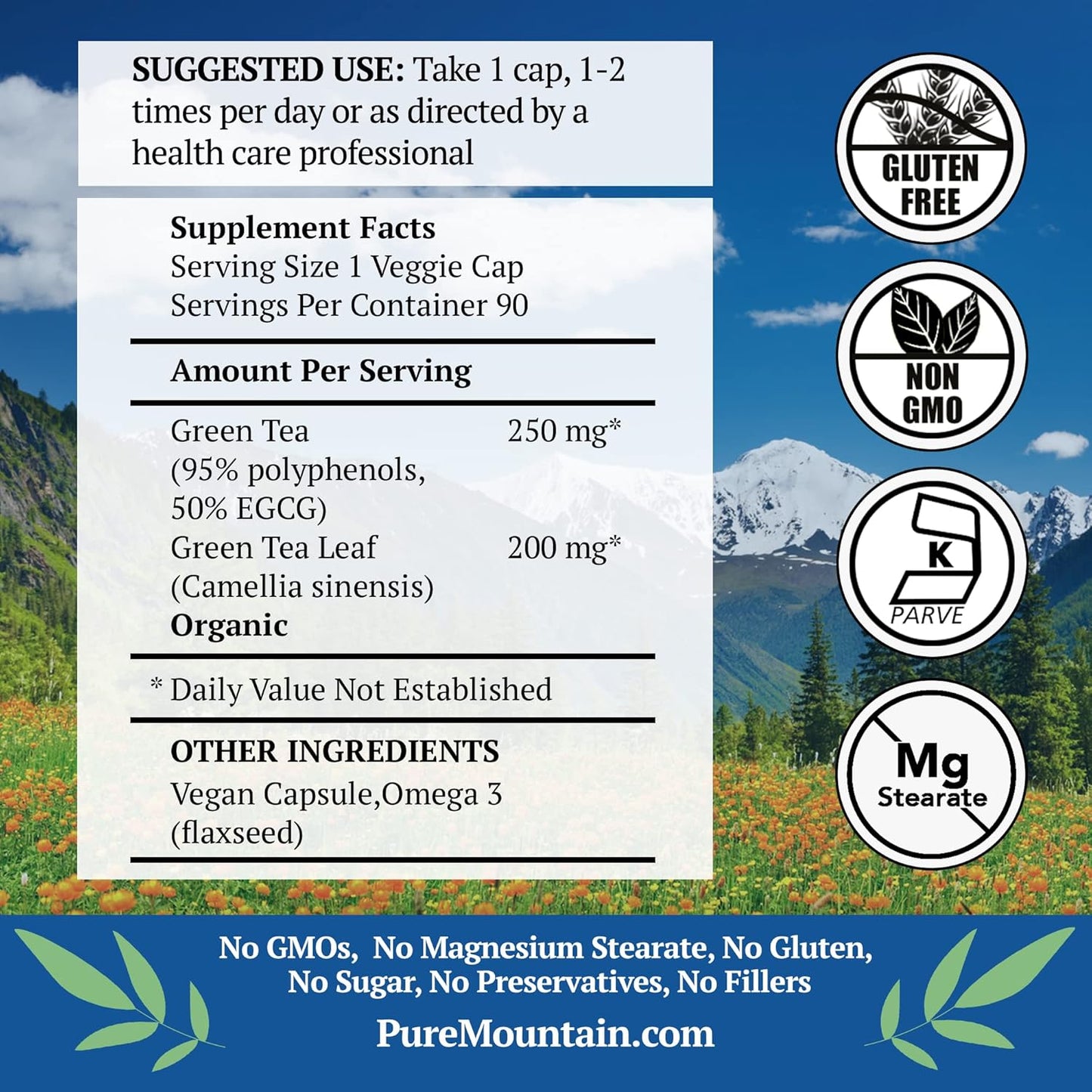 Organic Full Spectrum Green Tea Capsules - 90 Kosher Vegan Caps with 450mg Pure Extract