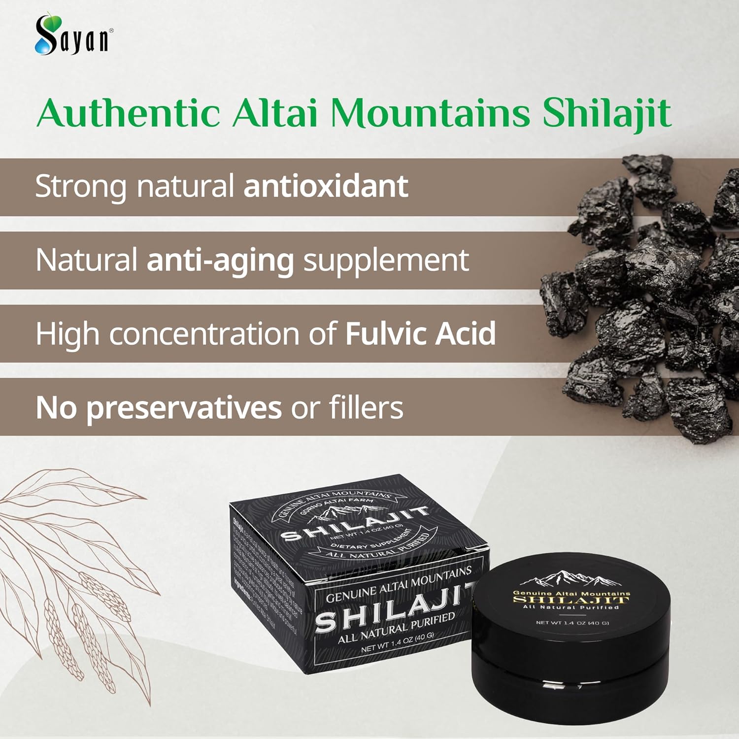Organic Fulvic Acid Supplement for Immune Support, Memory, Focus, Energy - Sayan Pure Shilajit Resin 1.4oz/40g, 265 Servings - Vegan, Non-GMO - Detox Properties