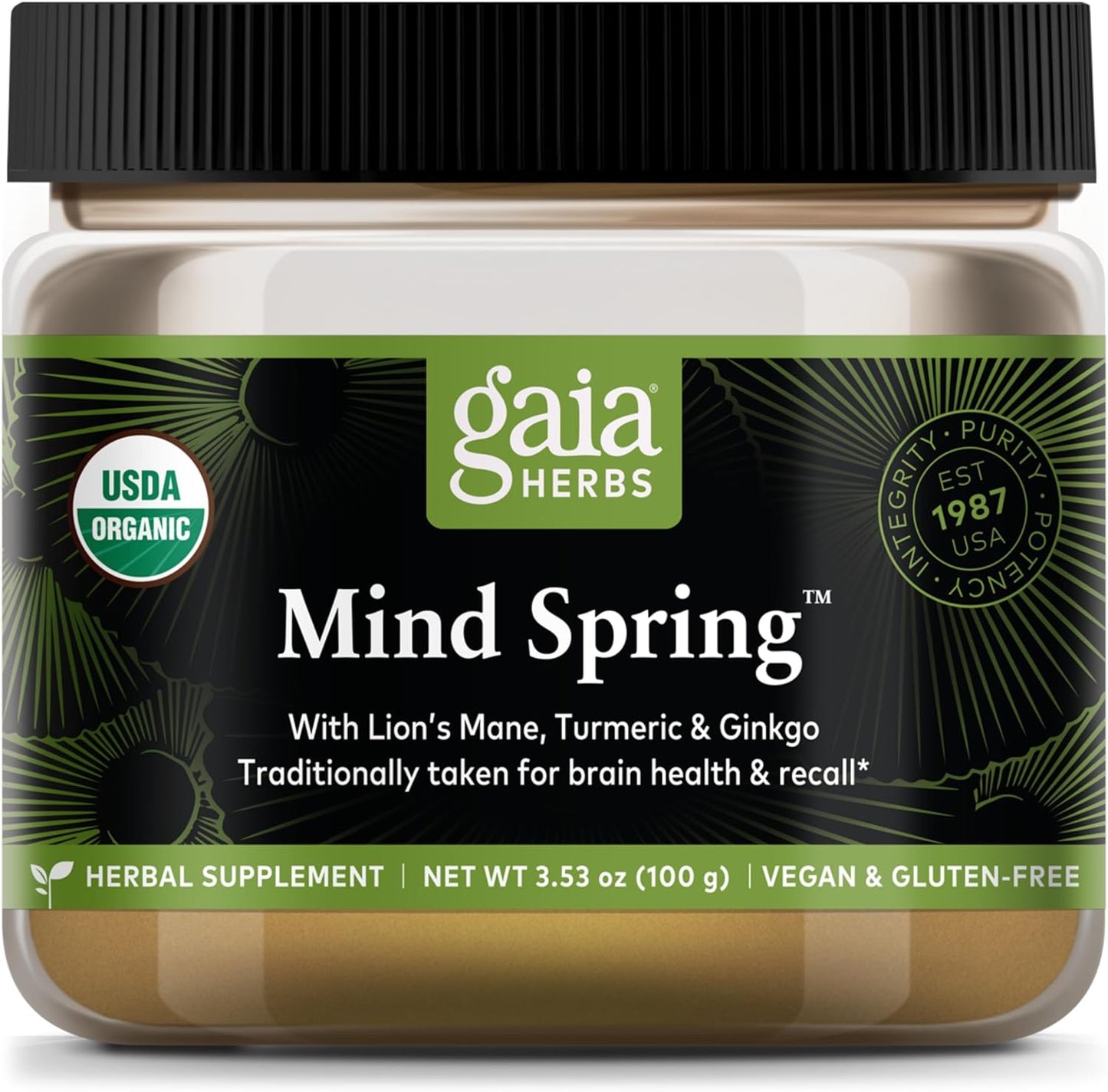 Organic Gaia Herbs Lion's Mane & Turmeric Powder - Brain Health Supplement - USDA Certified - 3.53 Oz - 45-Day Supply
