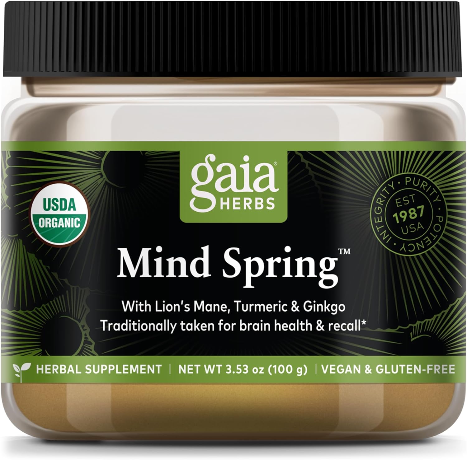 Organic Gaia Herbs Lion's Mane & Turmeric Powder - Brain Health Supplement - USDA Certified - 3.53 Oz - 45-Day Supply