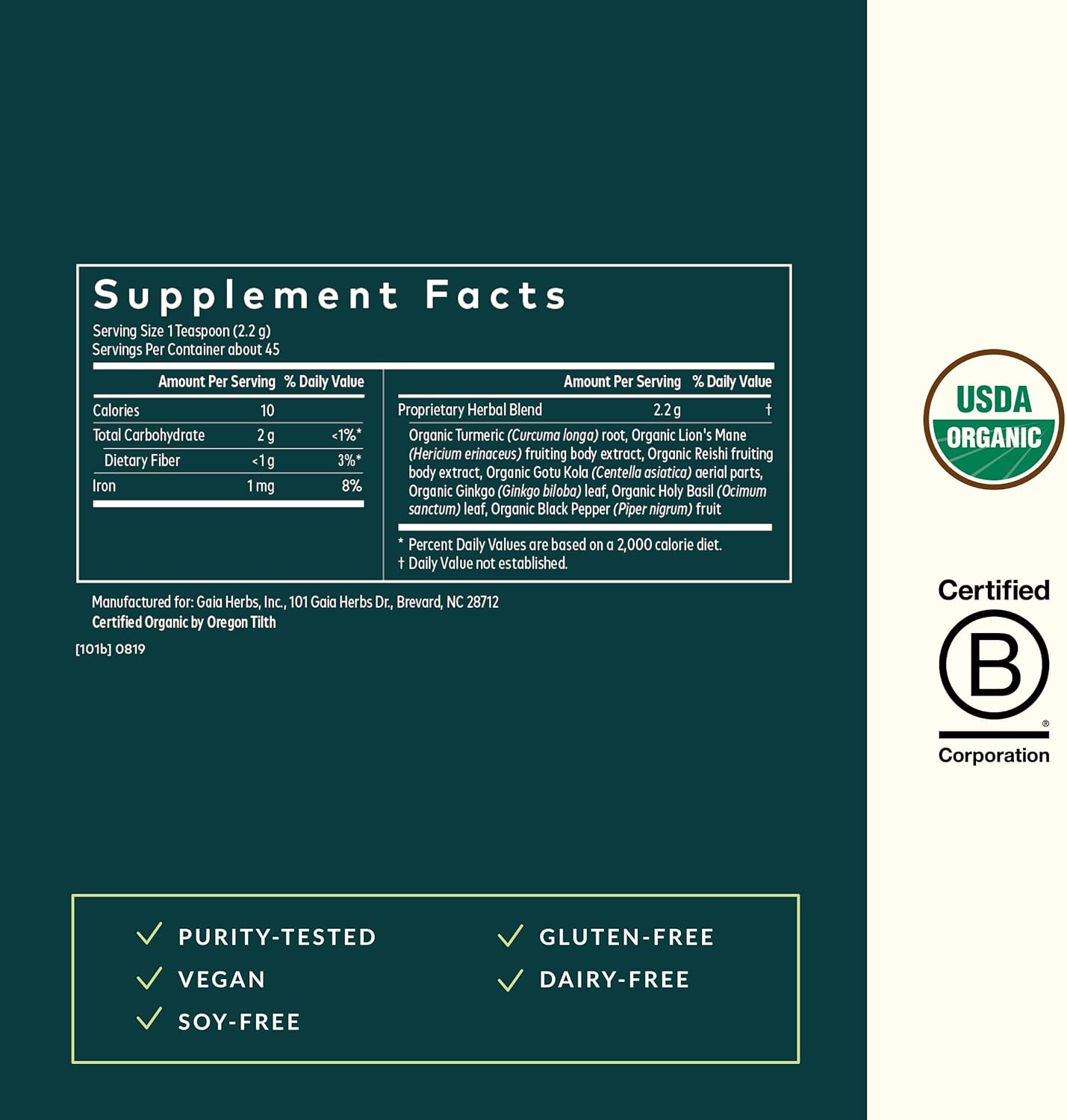 Organic Gaia Herbs Lion's Mane & Turmeric Powder - Brain Health Supplement - USDA Certified - 3.53 Oz - 45-Day Supply