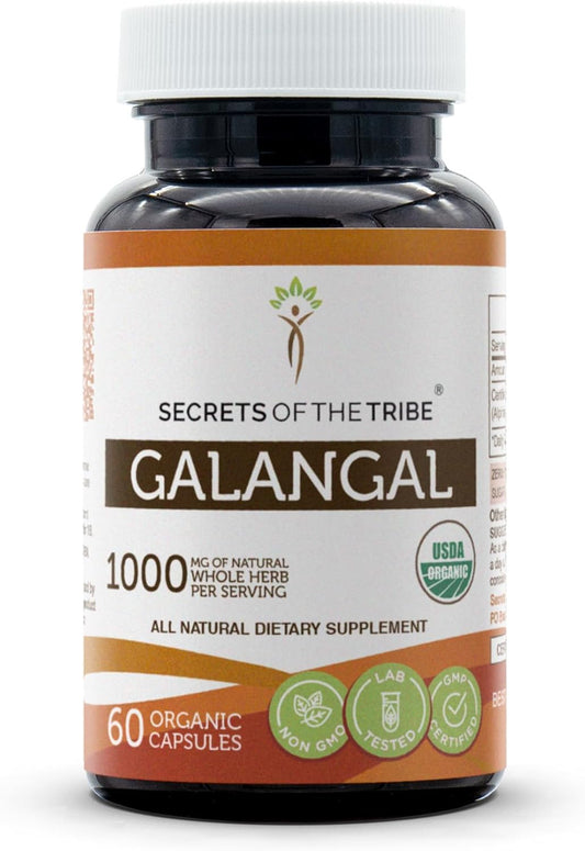 Organic Galangal Root Capsules - Secrets of the Tribe, 1000mg, USDA Certified, Alpinia Galangal, 60ct