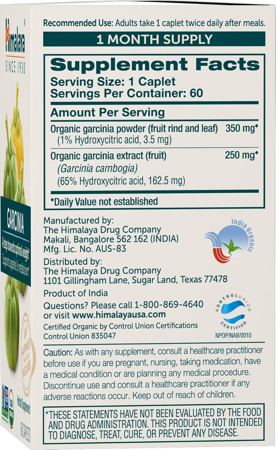 Organic Garcinia Cambogia Herbal Supplement for Appetite Control and Lipid Metabolism - 600mg, 60 Caplets - USDA Organic, Non-GMO, Vegan - 30 Day Supply
