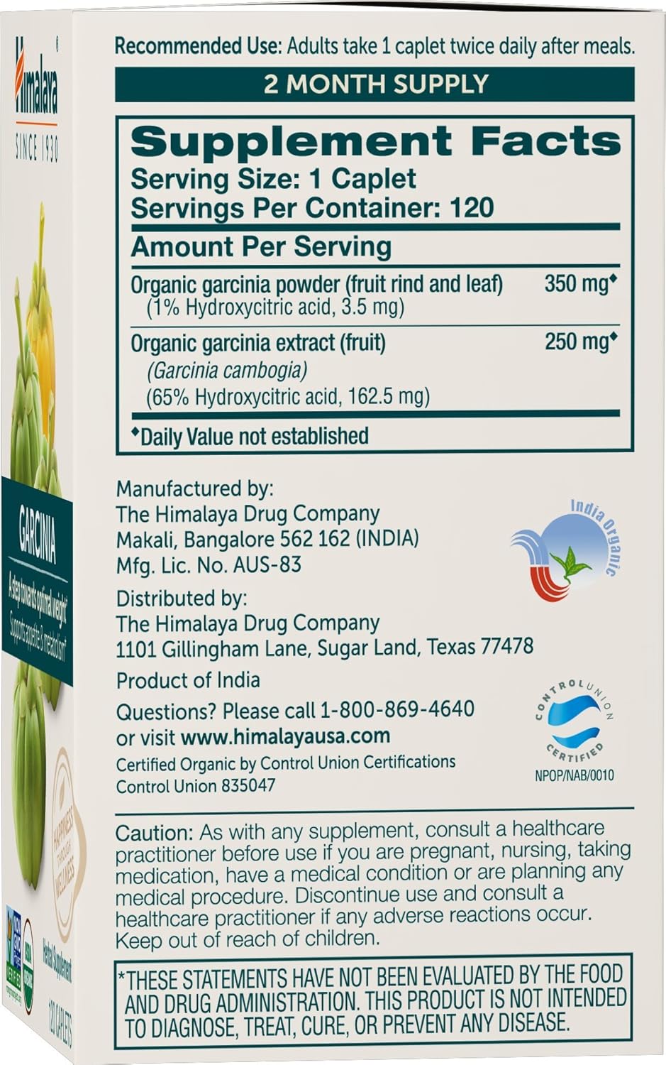 Organic Garcinia Cambogia Supplement for Appetite Control & Weight Support - 600mg, 120 Caplets, USDA Organic, Vegan & Non-GMO