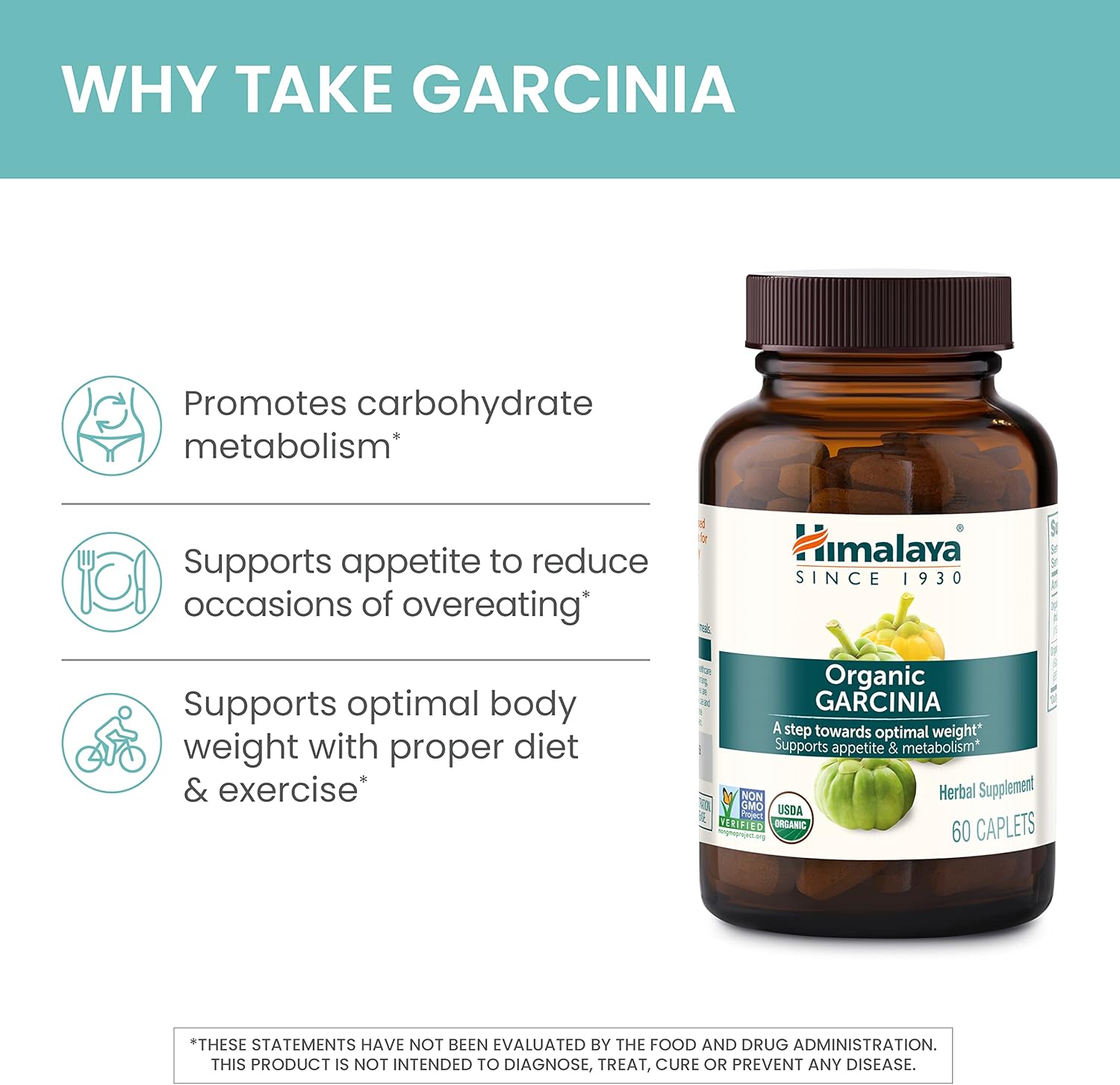 Organic Garcinia Cambogia Supplement for Appetite Control & Weight Support - 600mg, 120 Caplets, USDA Organic, Vegan & Non-GMO