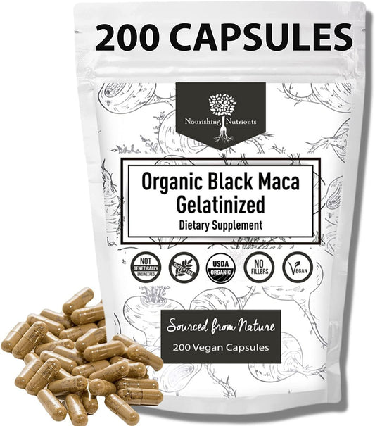 Organic Gelatinized Black Maca Root Capsules - 200 Capsules for Men & Women - Natural Energy & Stamina Supplement - Black Maca Root Powder for Focus & Endurance