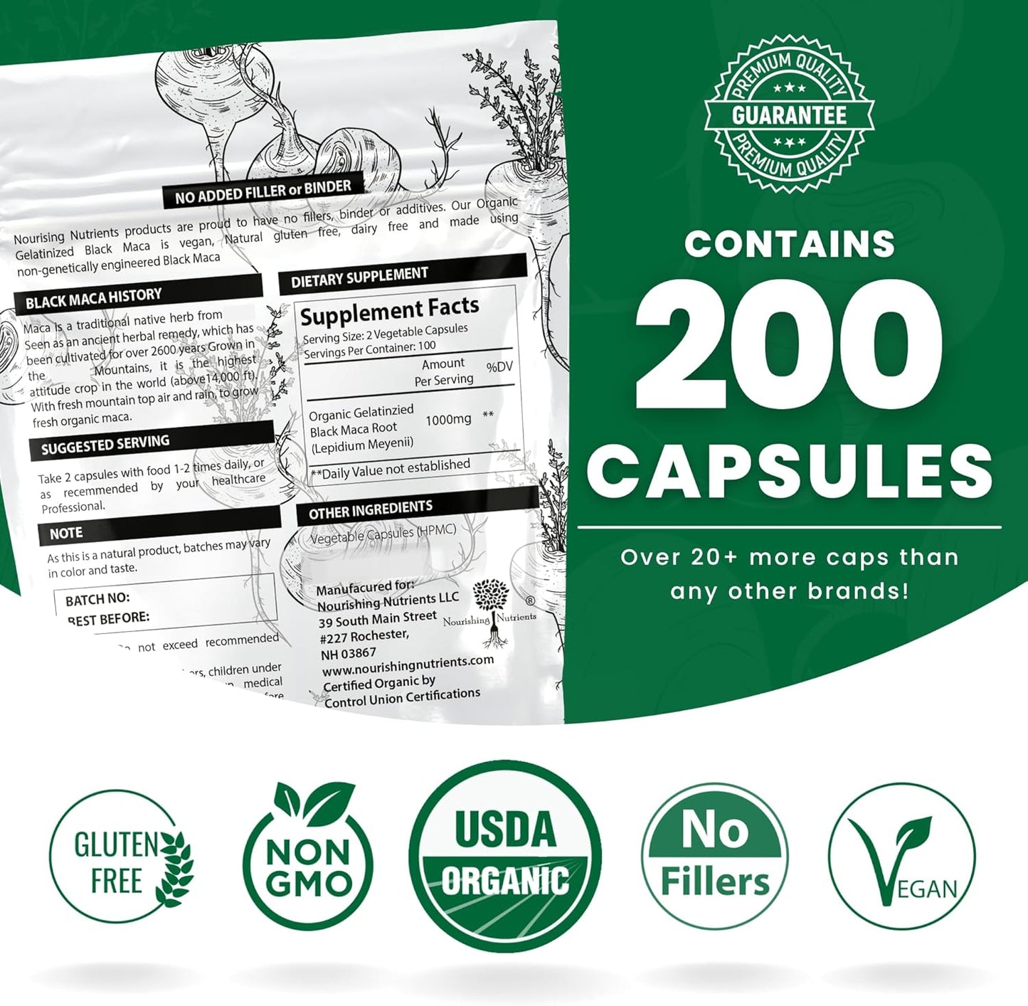 Organic Gelatinized Black Maca Root Capsules - 200 Capsules for Men & Women - Natural Energy & Stamina Supplement - Black Maca Root Powder for Focus & Endurance