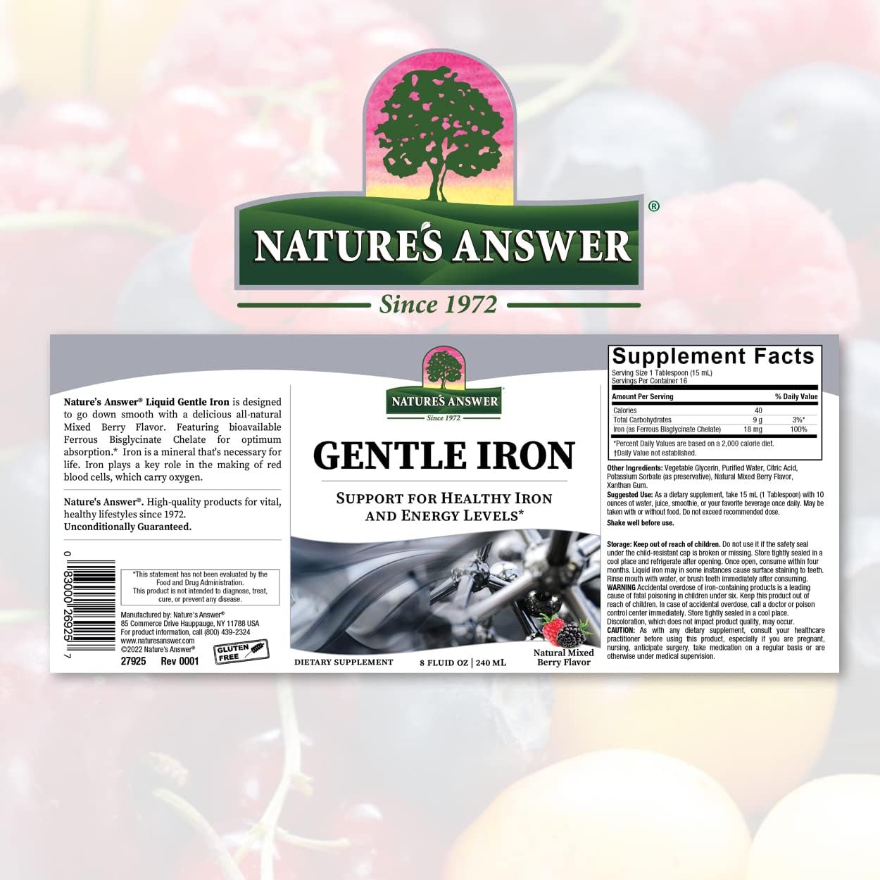 Organic Gentle Iron Liquid Supplement - Supports Red Blood Cells & Iron Levels - 8oz Gluten Free & Non-GMO Formula